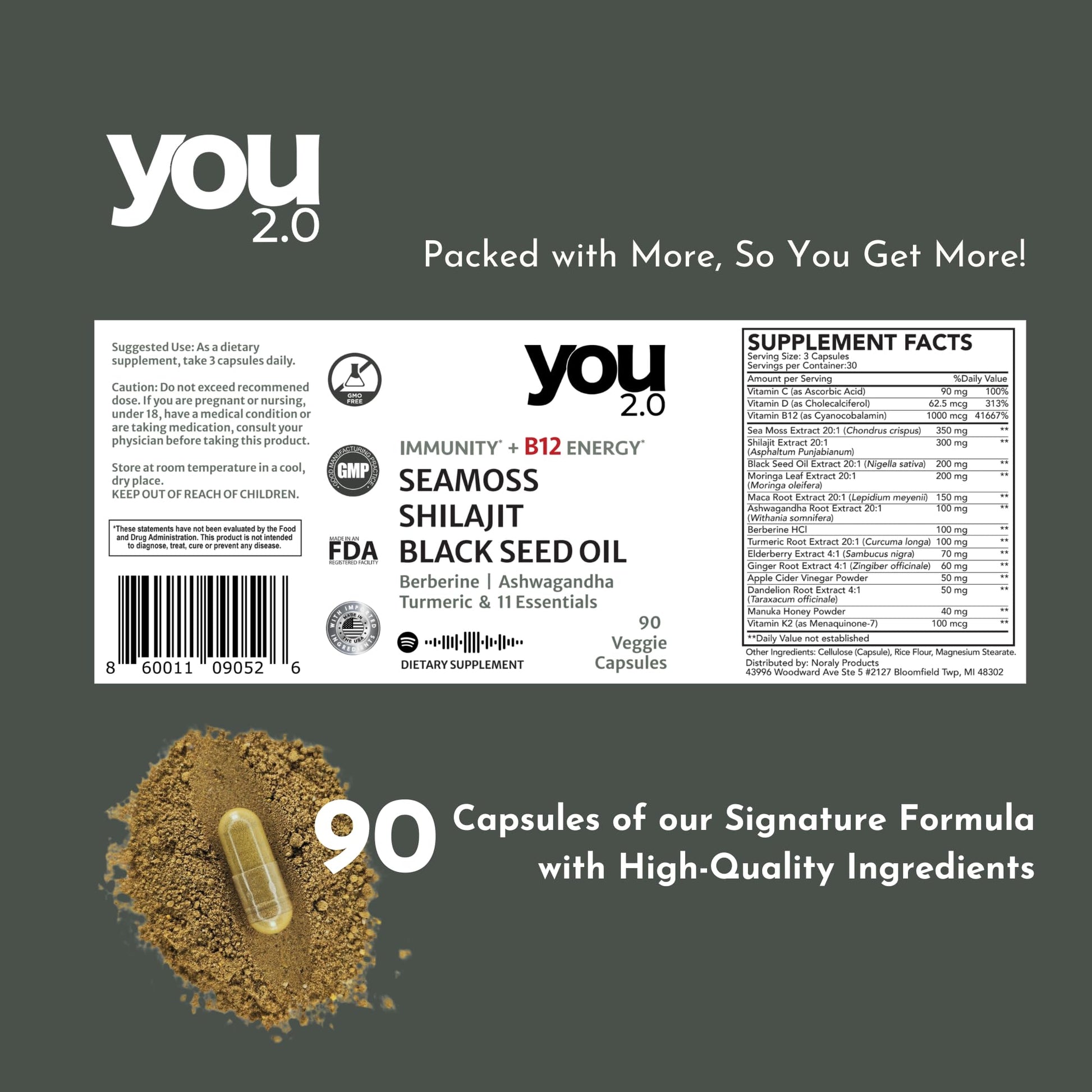 YOU 2.0 Powerhouse Superfood with Seamoss, Shilajit, Ashwagandha, Berberine, Maca, Black Seed Oil, Turmeric, Vitamin C, D, B12, K2 - Moringa, Apple Cider, Made in USA for Overall Health & Immunity YOU 2.0Buy Supplements Australia