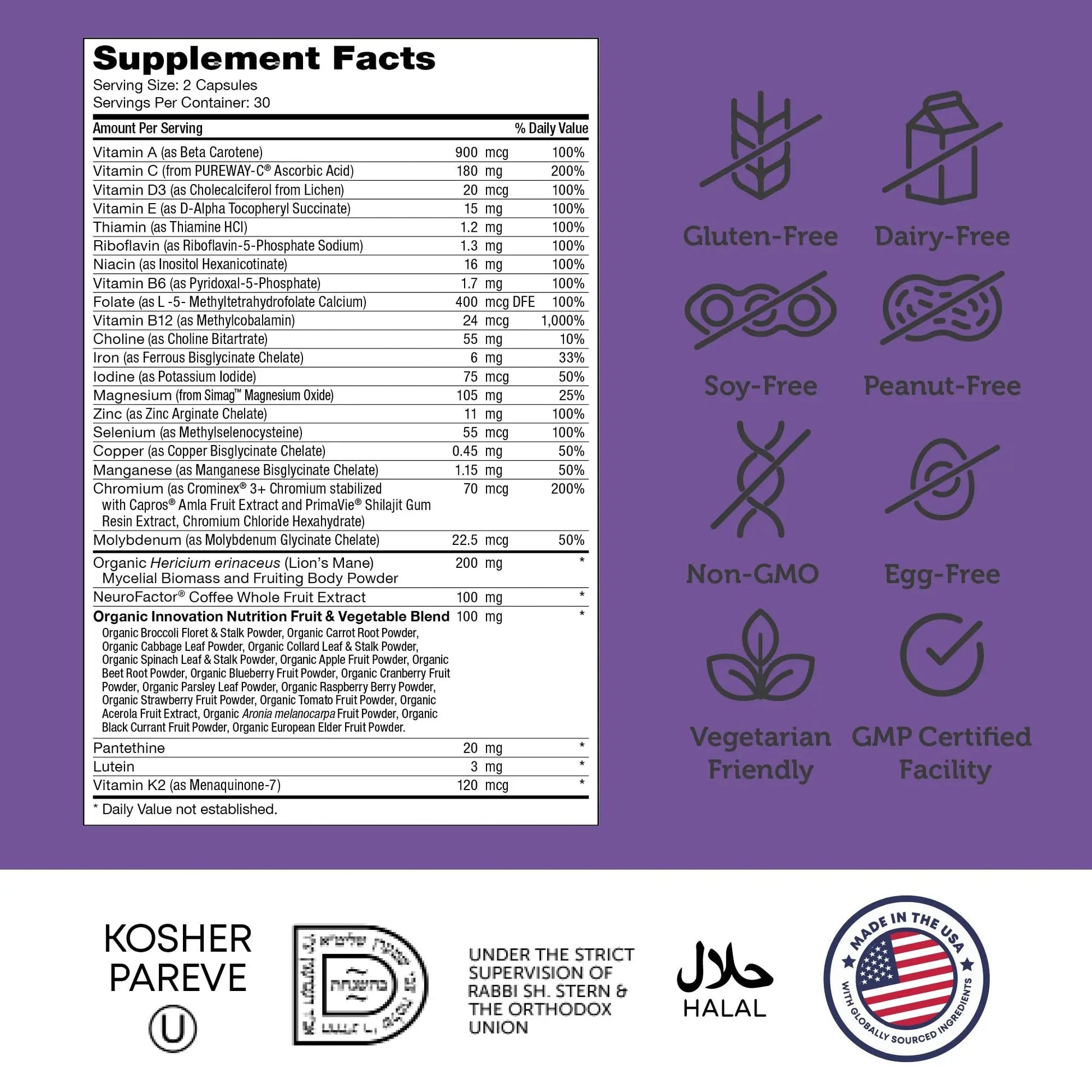 Zahler - Multivitamin Brain Supplement (60 Count) Kosher Brainfood Capsules for Adults with Neuro Factor & Lion's Mane Zahler