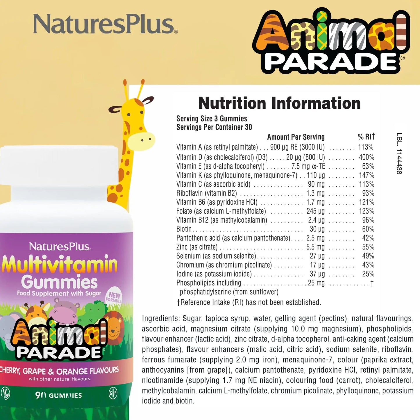 NaturesPlus Animal Parade Multivitamin Children's Gummies - 90 Count - Assorted Cherry, Grape & Orange Flavors NaturesPlus