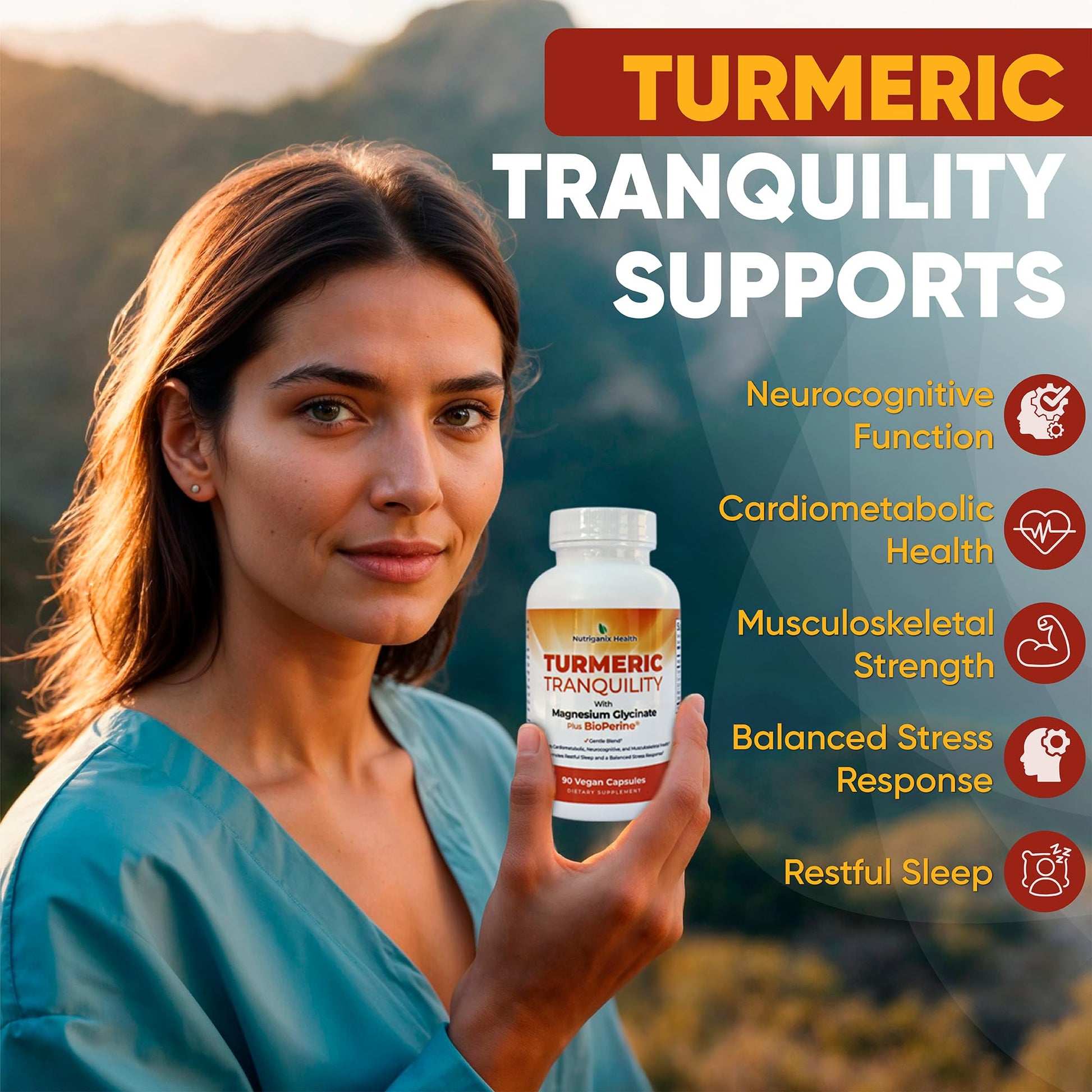 Turmeric Tranquility Turmeric Curcumin & Magnesium Glycinate with BioPerine – Support for Stress Relief, Sleep, Heart Health, Muscles, Metabolism, and Joint Health* - High Absorption - 90 Capsules (1) NutriganixBuy Supplements Australia