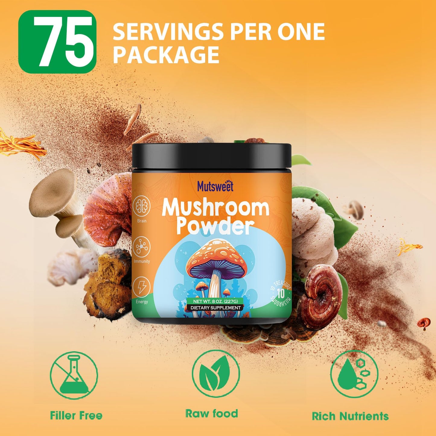 Mushroom Powder Blend (75 Servings), Ten Mushroom Supplement with Lions Mane MutsweetBuy Supplements Australia