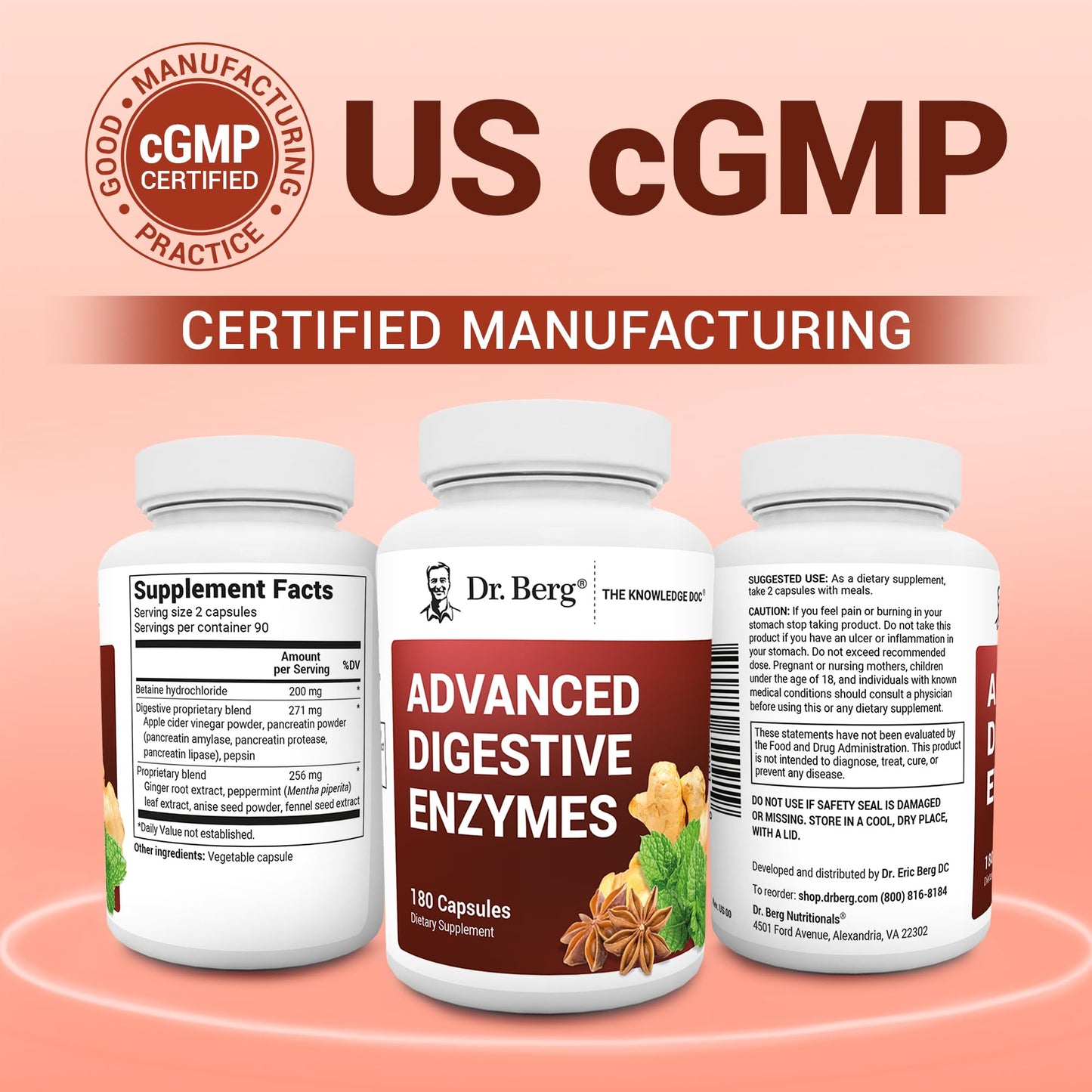 Dr. Berg Advanced Digestive Enzymes with Apple Cider Vinegar - Includes Digestive Health Ingredients Like Betaine Hydrochloride (HCI), Ginger Root & Peppermint Leaf - 180 Capsules Dr. Berg NutritionalsBuy Supplements Australia