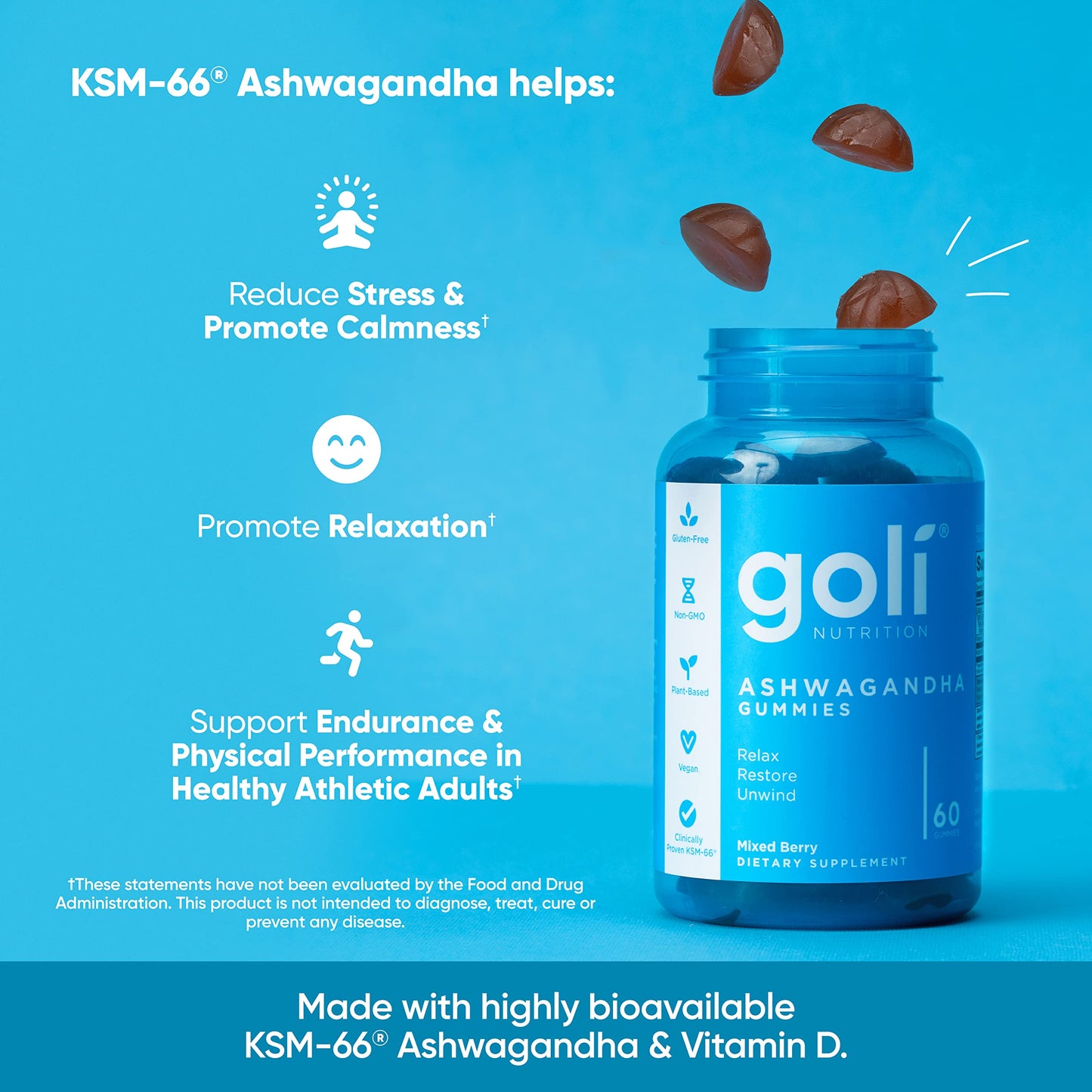 Goli Ashwagandha & Vitamin D Gummy - 300 Count - Mixed Berry, KSM-66, Vegan, GoliBuy Supplements Australia
