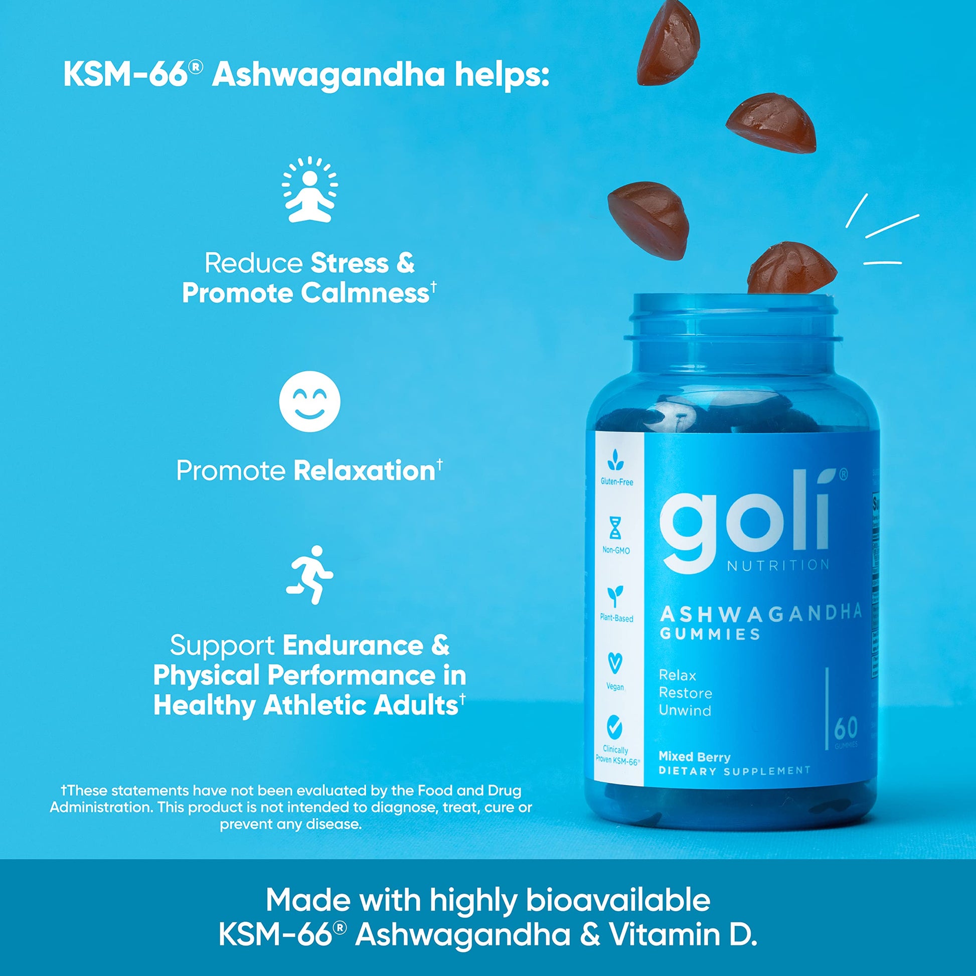 Goli Ashwagandha & Vitamin D Gummy - 180 Count - Mixed Berry, KSM-66, Vegan GoliBuy Supplements Australia