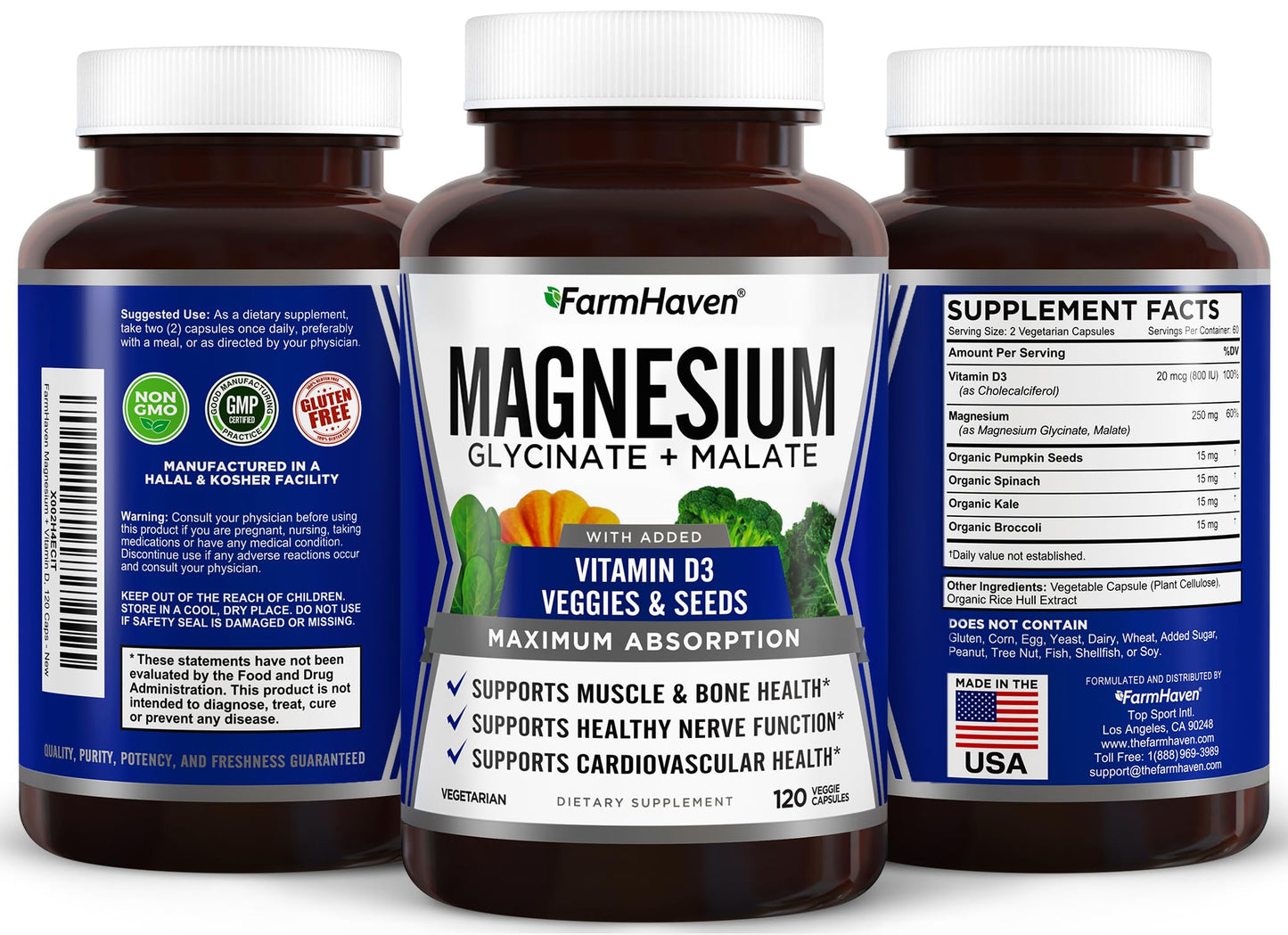 FarmHaven Magnesium Complex –Magnesium Glycinate & Malate w/Vitamin D3, 100% Chelated for Max Absorption, Vegetarian – Bone Health