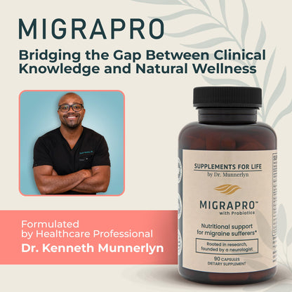 Dr. Munnerlyn MigraPro with Probiotics, Brain and Gut Health Support Supplement with Magnesium, Riboflavin, CoQ10, Ginger Root, Asian Ginseng, Vitamin C, Feverfew & Turmeric, Gluten Free, 90 Capsules Dr. MunnerlynBuy Supplements Australia