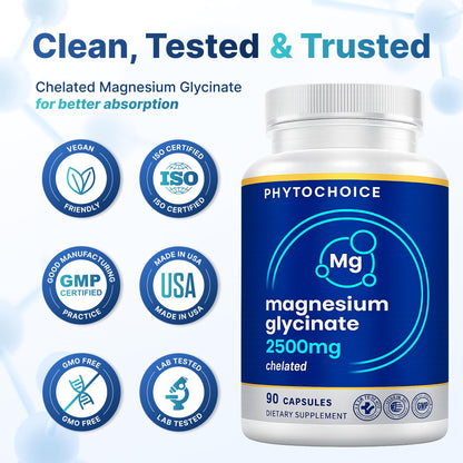 Magnesium for Sleep & Recovery – High Potency 2500mg Magnesium Glycinate for Men & Women, Chelated for High Absorption, Supports Deep Rest, Nerve & Muscle Recovery, Made in USA, 1 Month Supply PHYTOCHOICEBuy Supplements Australia