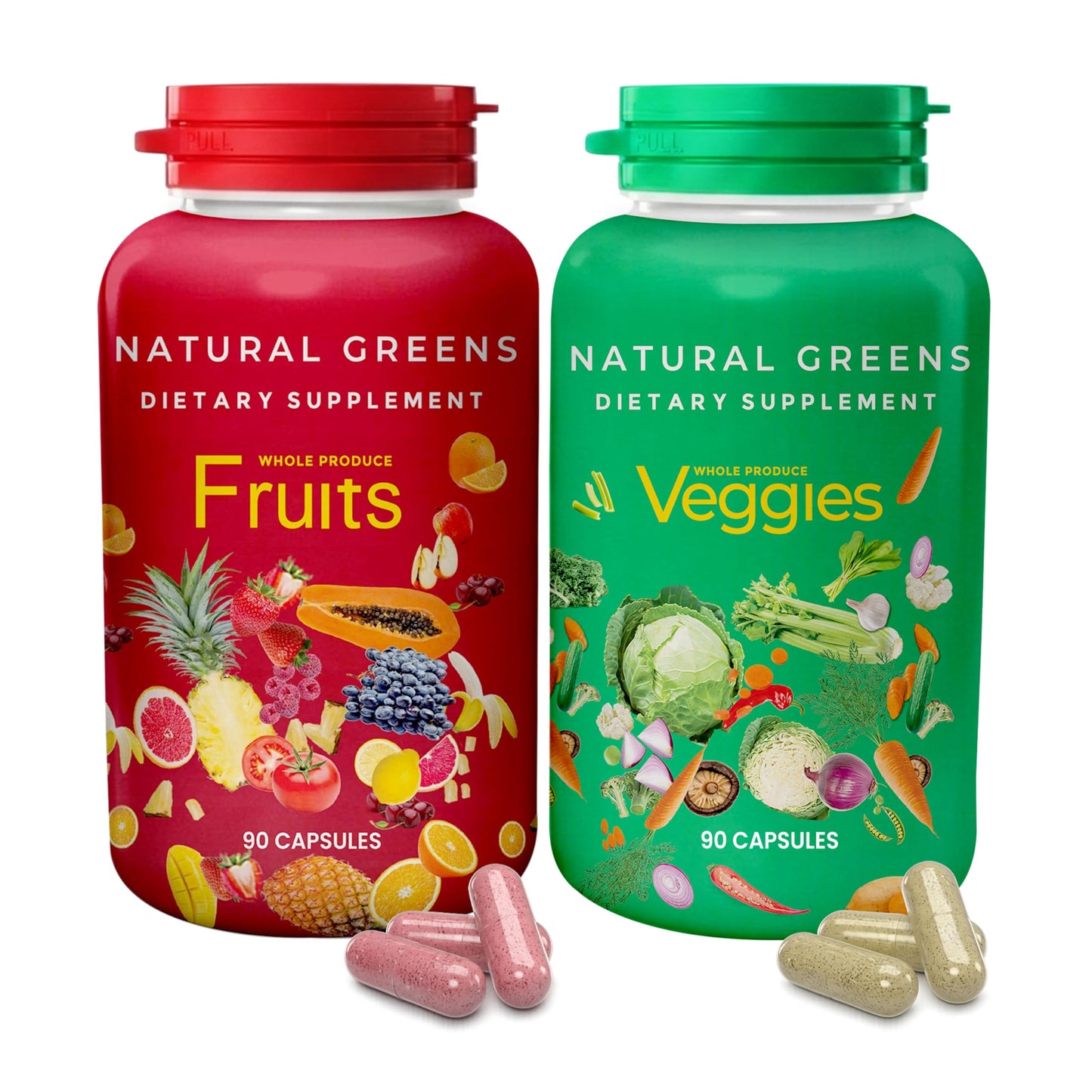 Fruits and Veggies Whole Produce Dietary Supplement with Superfood Fruits and Vegetables for Men, Women and Kids, 90 Fruit Capsules, 90 Veggie Capsules - 1 Set NATURAL GREENSBuy Supplements Australia