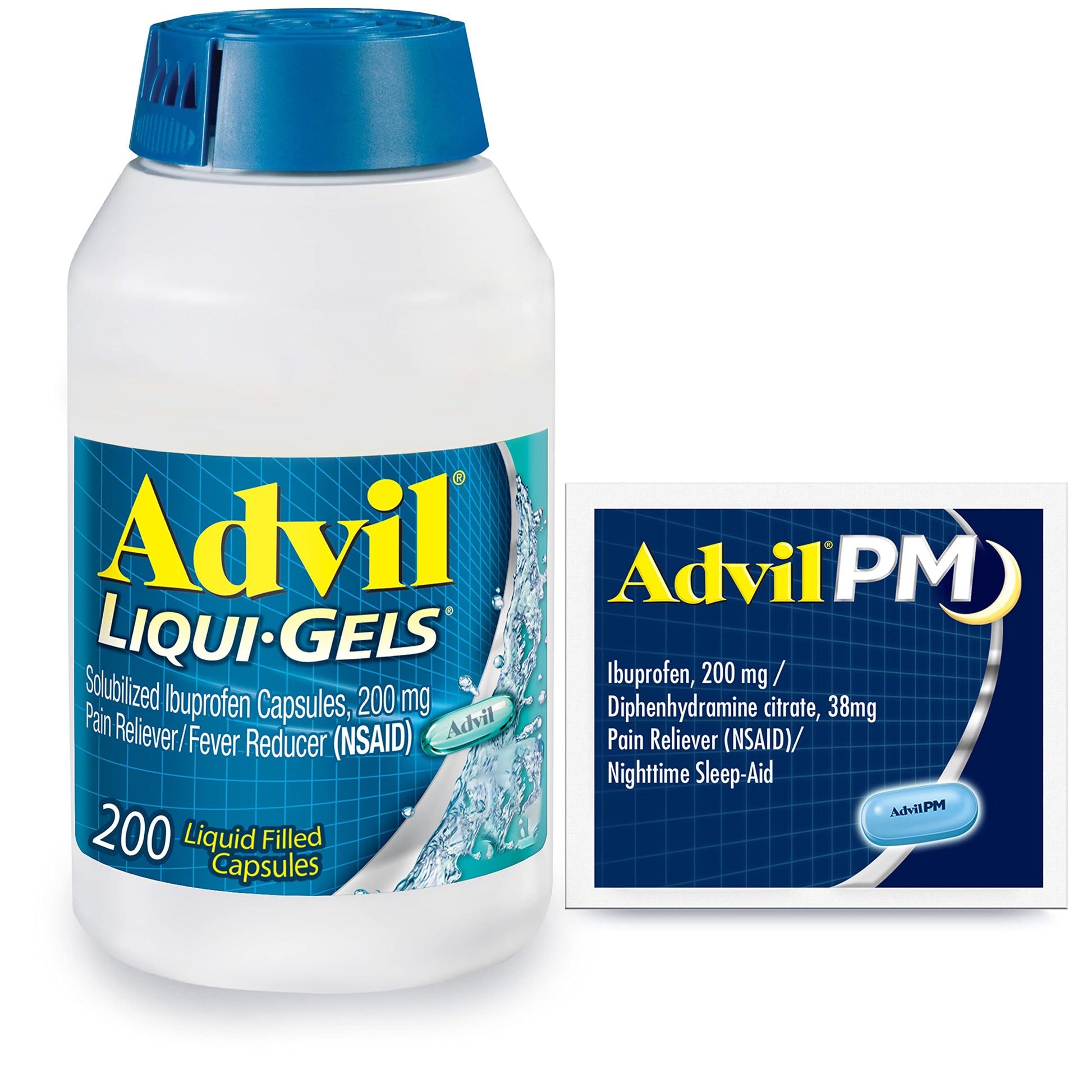 Advil Liqui-Gels Pain Reliever and Fever Reducer, Pain Medicine for Adults with Ibuprofen 200mg for Headache, Backache, Menstrual Pain and Joint Pain Relief - 200 Capsules, Advil PM Ibuprofen - 2 Ct AdvilBuy Supplements Australia