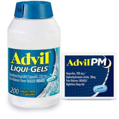 Advil Liqui-Gels Pain Reliever and Fever Reducer, Pain Medicine for Adults with Ibuprofen 200mg for Headache, Backache, Menstrual Pain and Joint Pain Relief - 200 Capsules, Advil PM Ibuprofen - 2 Ct AdvilBuy Supplements Australia