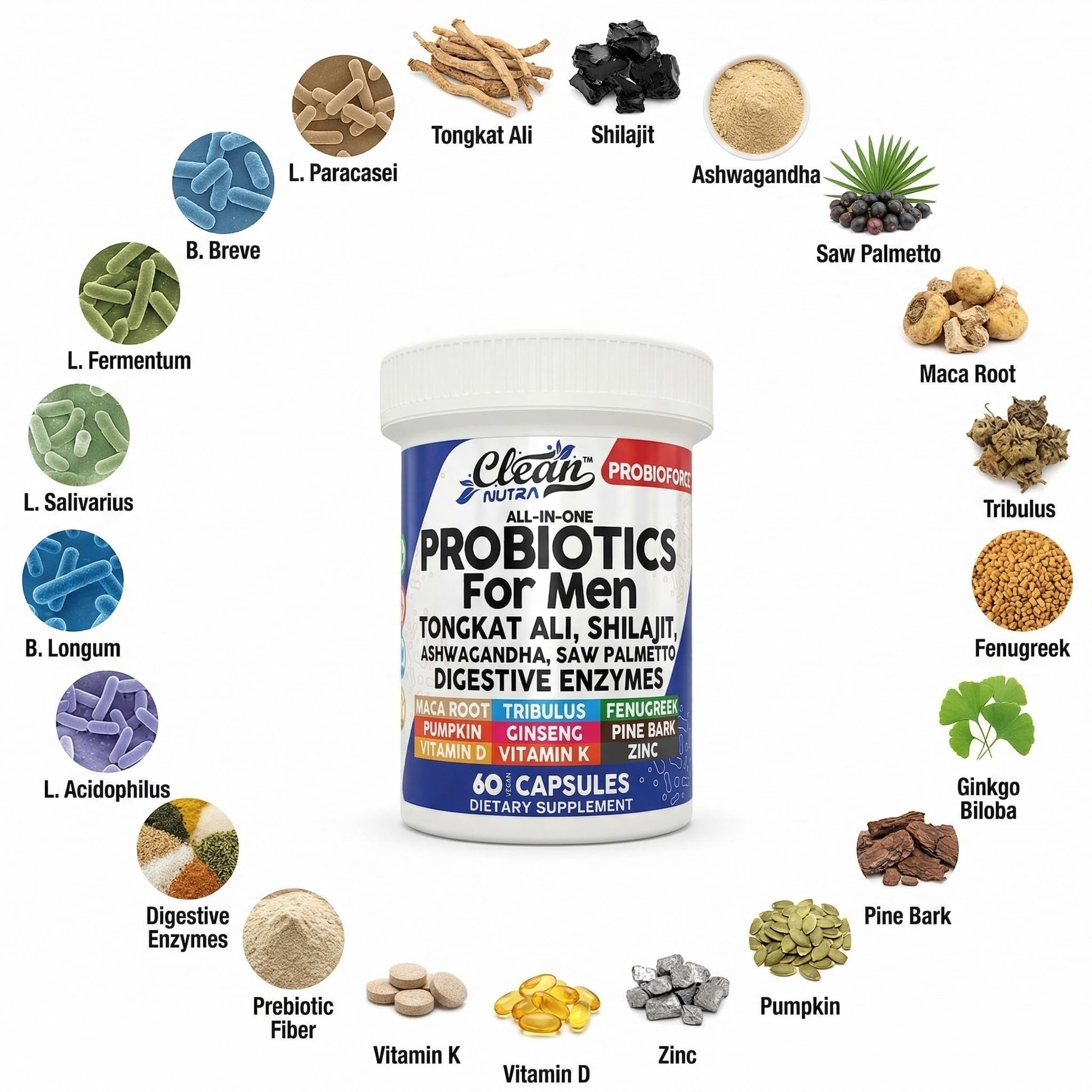 Clean Nutra Probiotics for Men | Tongkat Ali, Saw Palmetto, Tribulus, Ginseng, Ashwagandha, Maca, Pumpkin, Gingko Biloba, Pine Bark, Fenugreek, Shilajit, Zinc - Mens Probiotic 60 Capsules Clean NutraceuticalsBuy Supplements Australia
