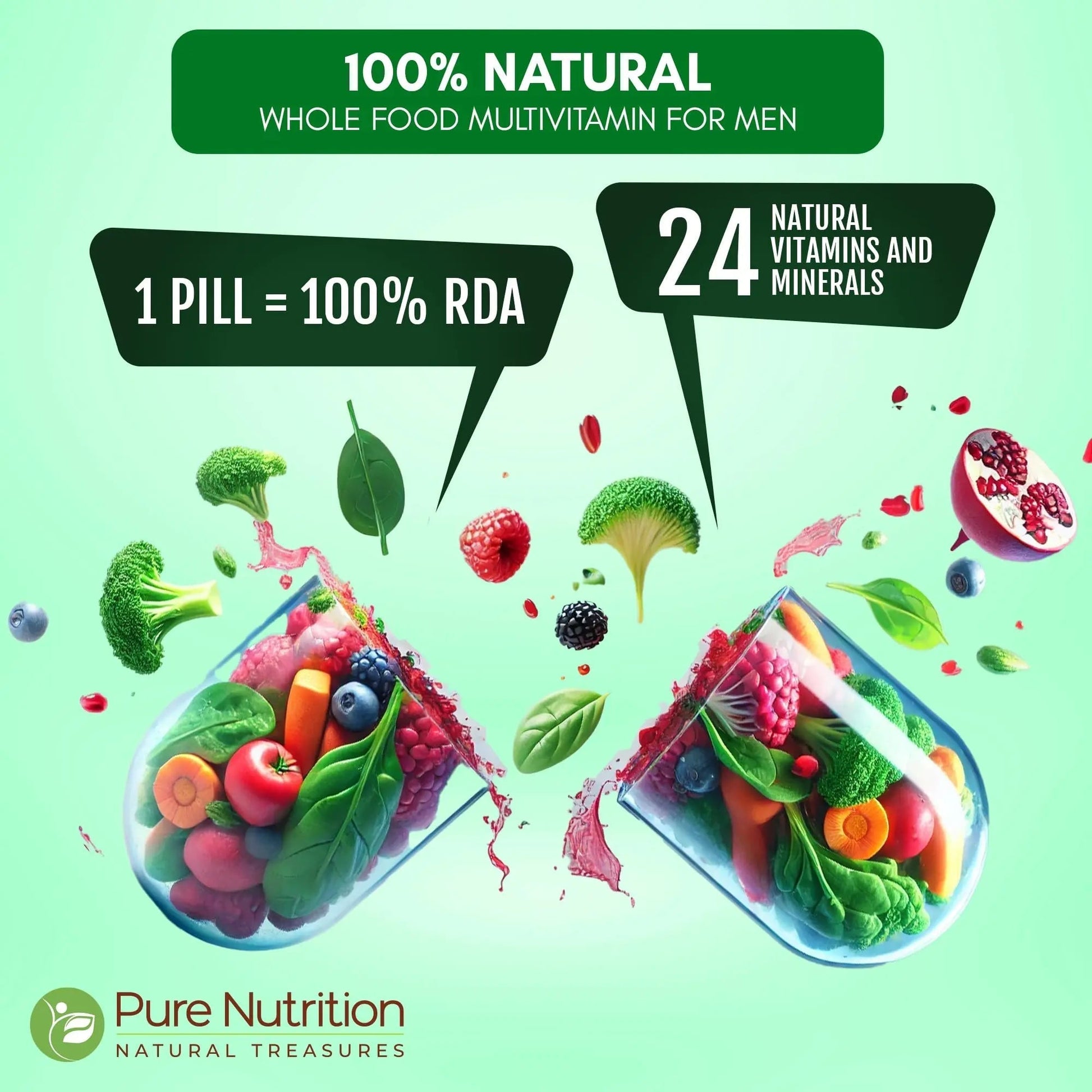 Pure Nutrition Whole Food Multivitamins for Men | 90 Tabs | One-A-Day | 100% RDA | 24 Natural Vitamins and Minerals | PURE NUTRITION NATURAL TREASURES