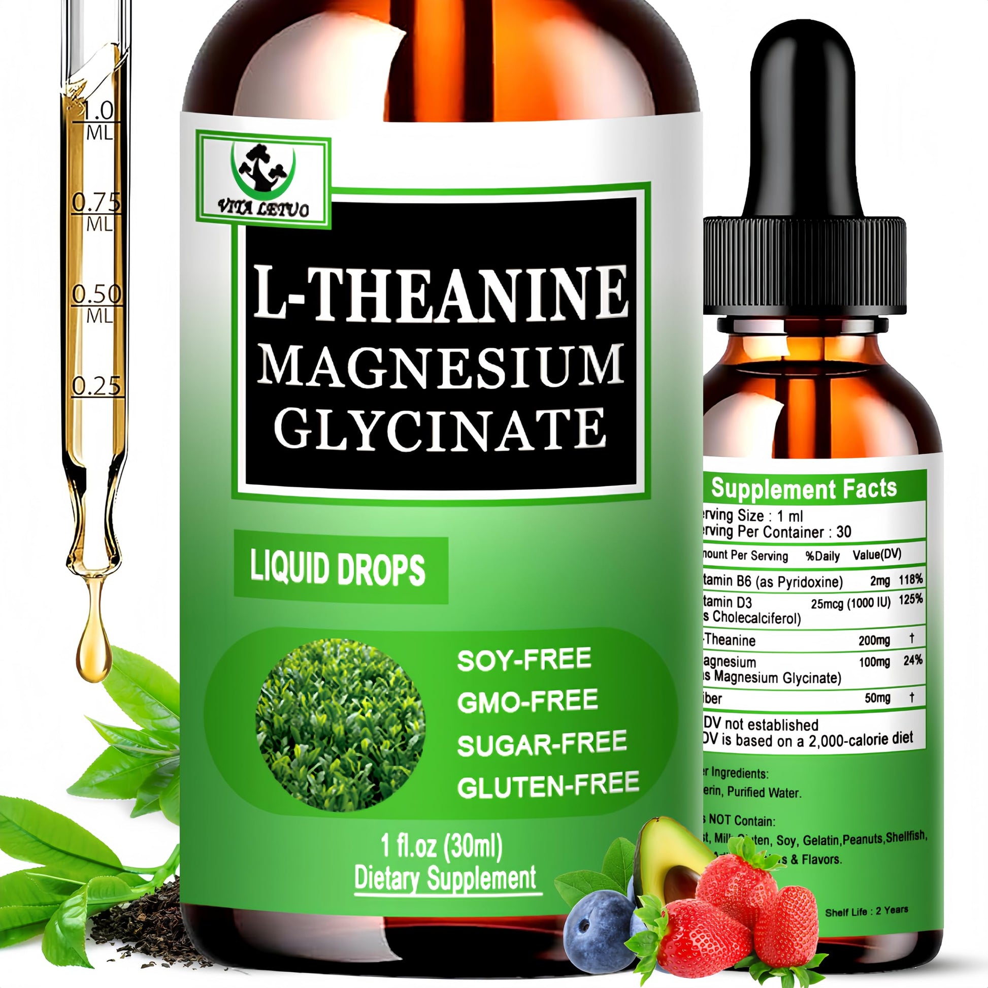 L Theanine Drops, Liquid L-Theanine Supplement 200mg w/Magnesium Glycinate,Vitamins,Fiber for Relaxation,Sleep,Digestion, Calm,High Absorption Mood Support for Adults & Kids,Plant Based,Non-GMO Vita letuoBuy Supplements Australia