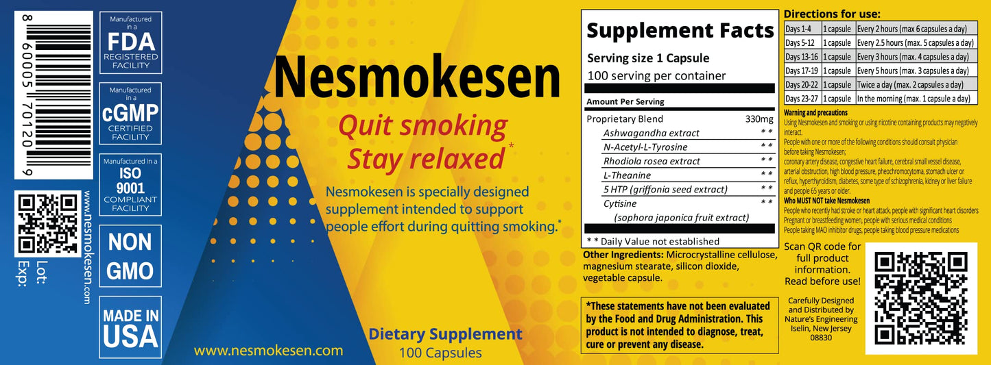 Nesmokesen - Quit Smoking Stay Relaxed, (100 Capsules / 27 Days Supply) Nature's EngineeringBuy Supplements Australia
