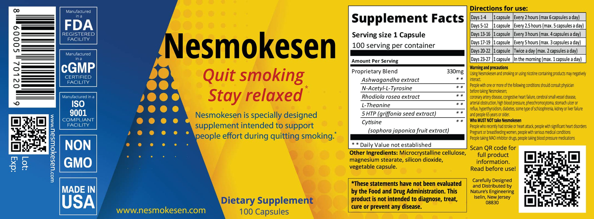 Nesmokesen - Quit Smoking Stay Relaxed, (100 Capsules / 27 Days Supply) Nature's EngineeringBuy Supplements Australia
