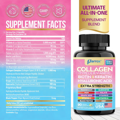 Parrox Collagen Peptides Types I, II, III, V & X, MCG Biotin, Keratin, Hyaluronic Acid, MSM, Zinc, Grape Seed Extract, Quercetin, Vitamin A, Vitamin C,
