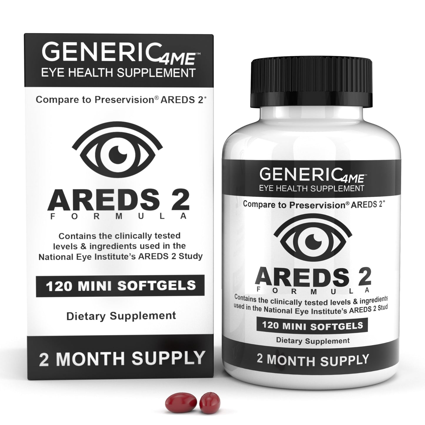 GENERIC4ME AREDS 2 SoftGels, 500 mg Vitamin C, 400 IU Vitamin E, 10 mg Lutein, 2 mg Zeaxanthin, 80 mg Zinc, 2 mg Copper - Supports Eye Health - 120 Mini SoftGels (Two Month Supply) Generic4MEBuy Supplements Australia