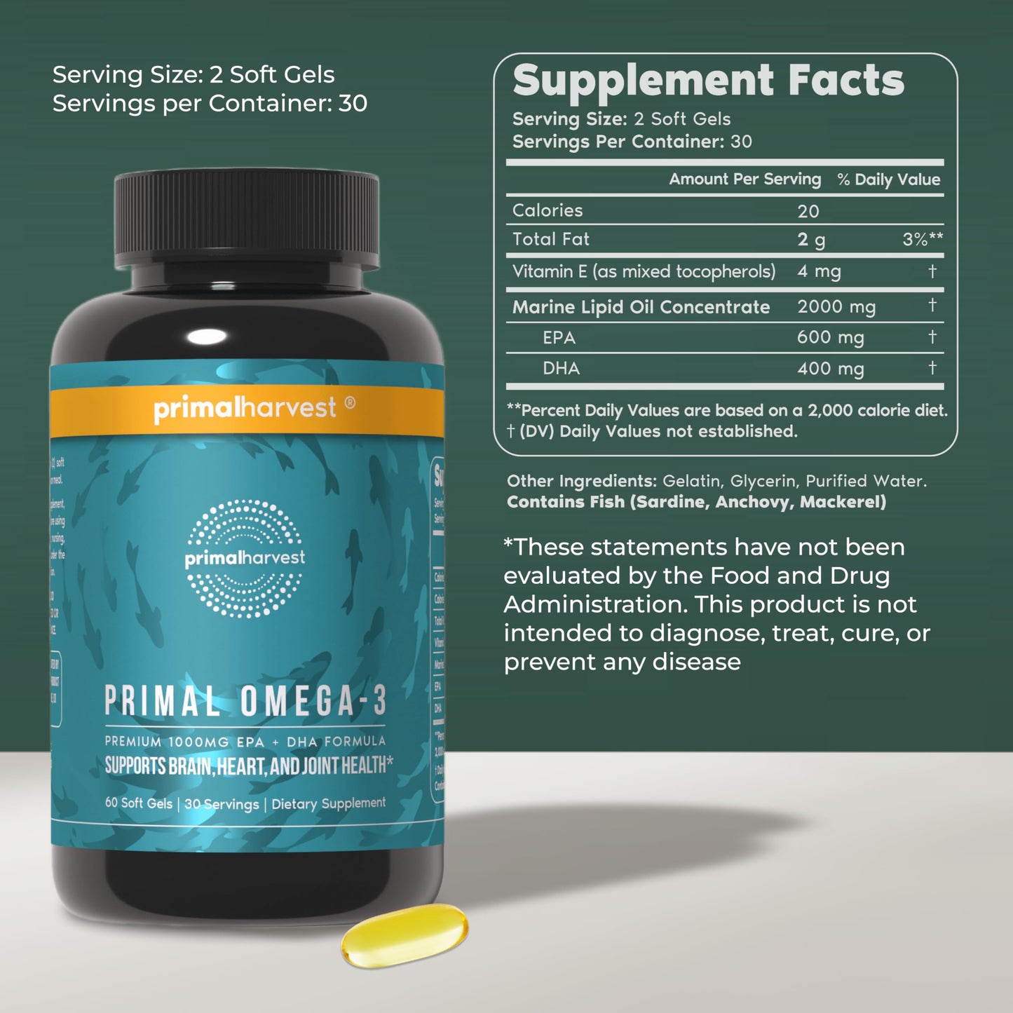 Primal Harvest Omega 3 Fish Oil Supplements, 30 Servings Soft Gels Capsules w/ 1000mg EPA + DHA Supplements