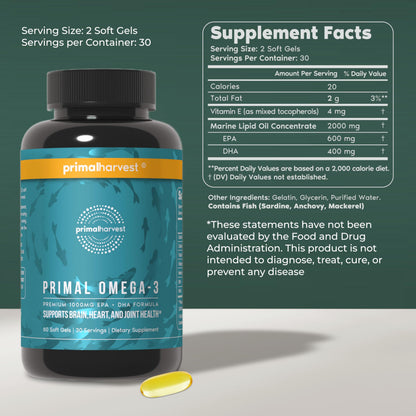 Primal Harvest Omega 3 Fish Oil Supplements, 30 Servings Soft Gels Capsules w/ 1000mg EPA + DHA Supplements