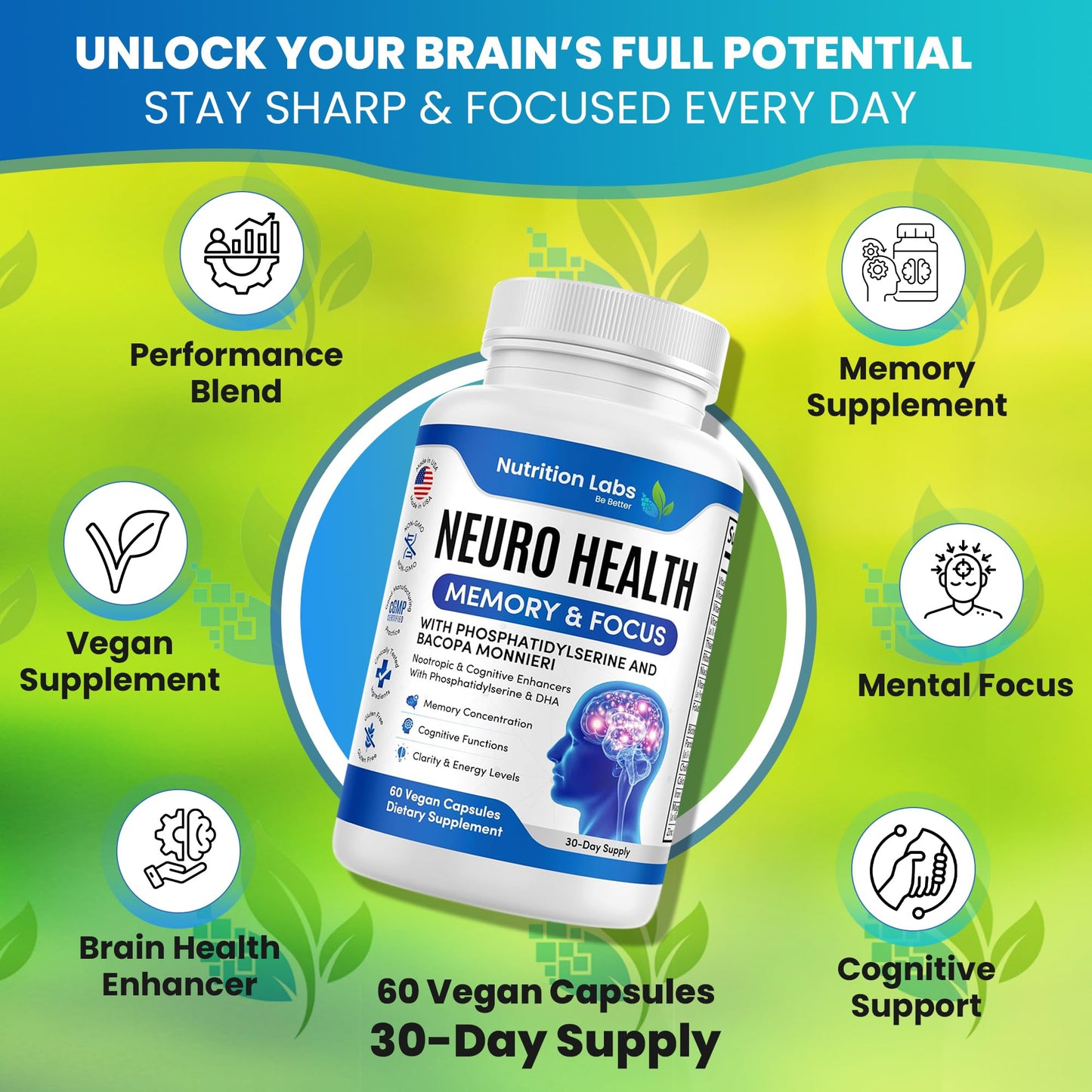 Nootropic & Neuro Brain Supplement for Memory & Focus Support. Clinically Tested Vitamins for Mental Support & Cognitive Clarity W/Bacopa Monnieri, VIT A, B6, Riboflavin, Niacin, Thiamin & Folate NUTRITION LABS BE BETTERBuy Supplements Australia