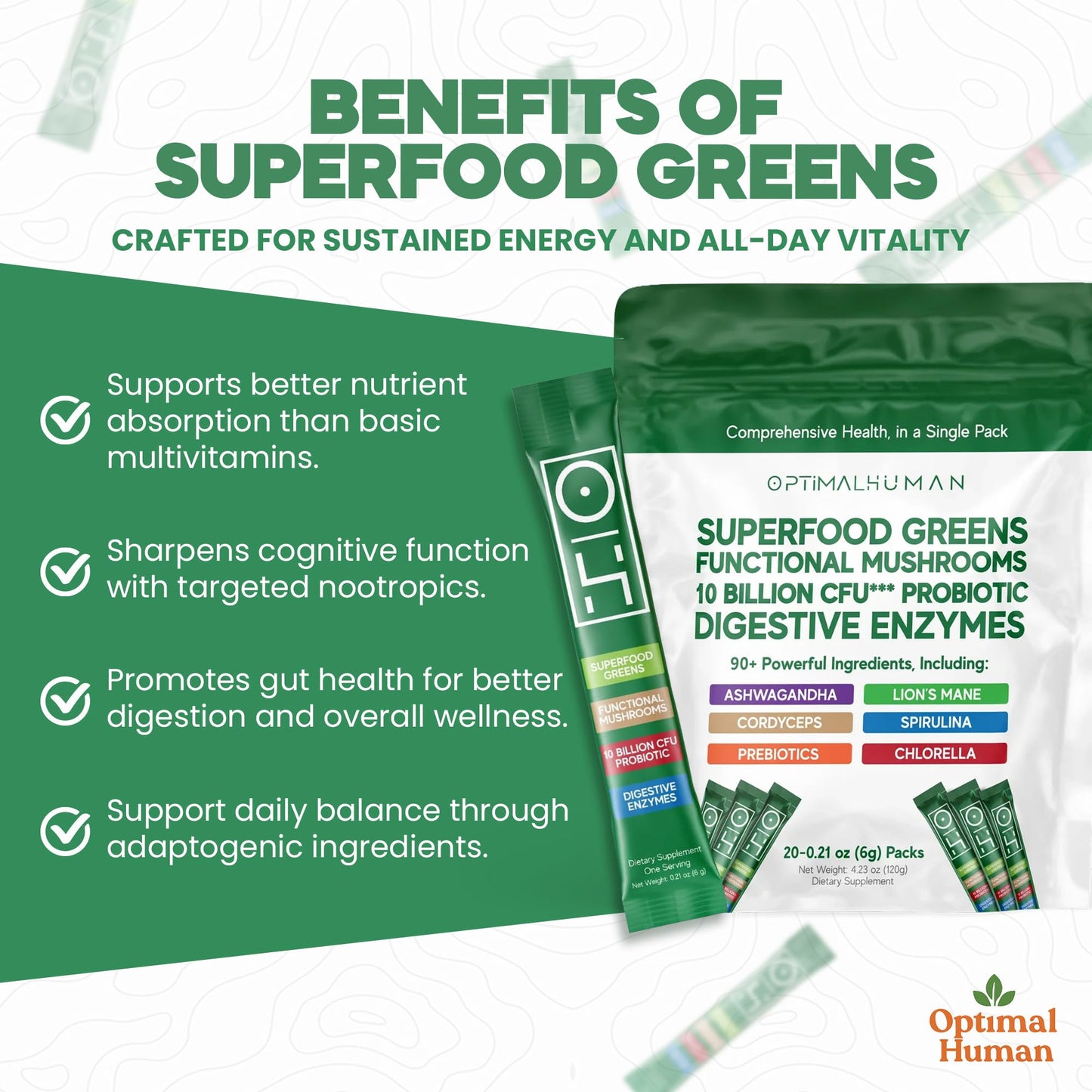 Optimal Human Superfood Greens Powder – 90+ Ingredient Blend with Lion’s Mane Supplement, Ashwagandha & Turmeric – Non-GMO, Soy-Free, Mushroom Supplements for Women – 20 Sachets O HBuy Supplements Australia