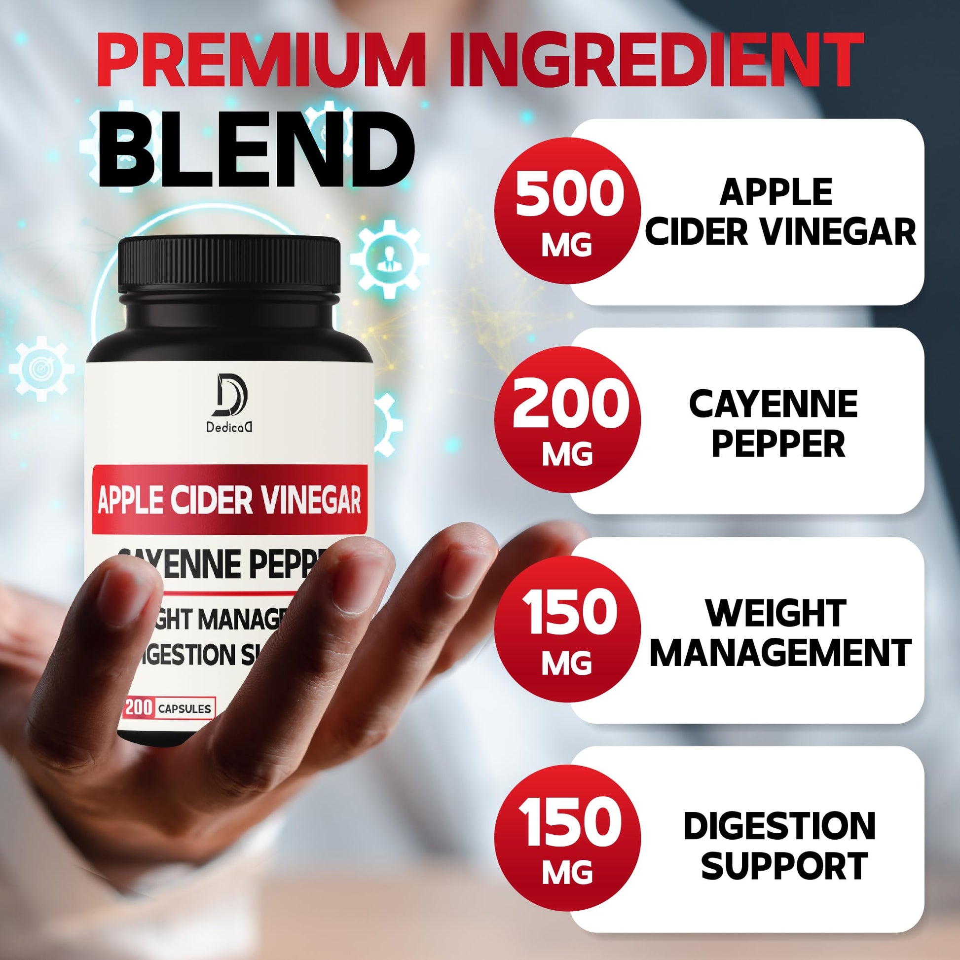 12in1 Apple Cider Vinegar Supplements - 200 Capsules with Cayenne Pepper, Grape Seed DEDICADBuy Supplements Australia