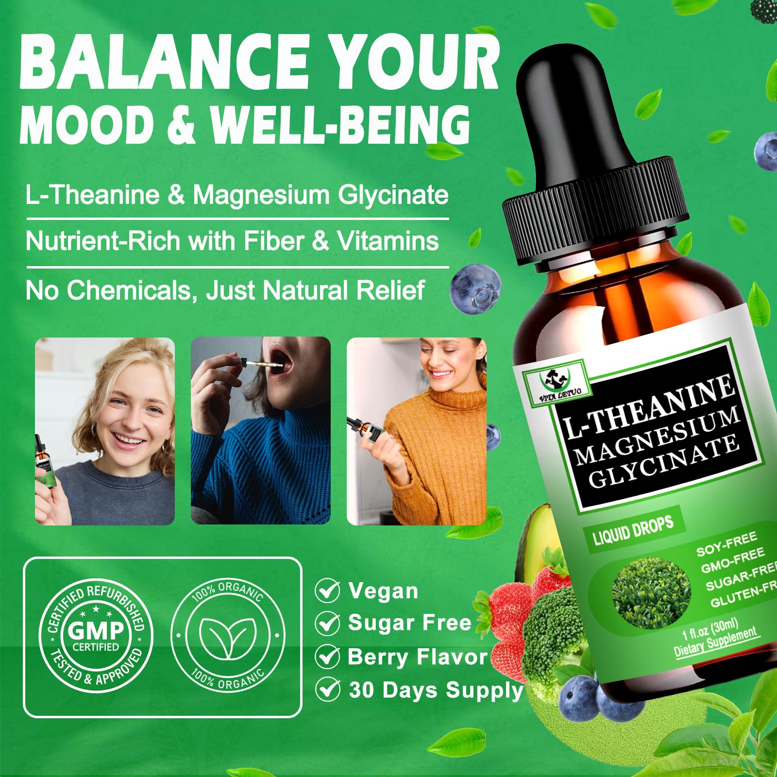 L Theanine Drops, Liquid L-Theanine Supplement 200mg w/Magnesium Glycinate,Vitamins,Fiber for Relaxation,Sleep,Digestion, Calm,High Absorption Mood Support for Adults & Kids,Plant Based,Non-GMO Vita letuoBuy Supplements Australia