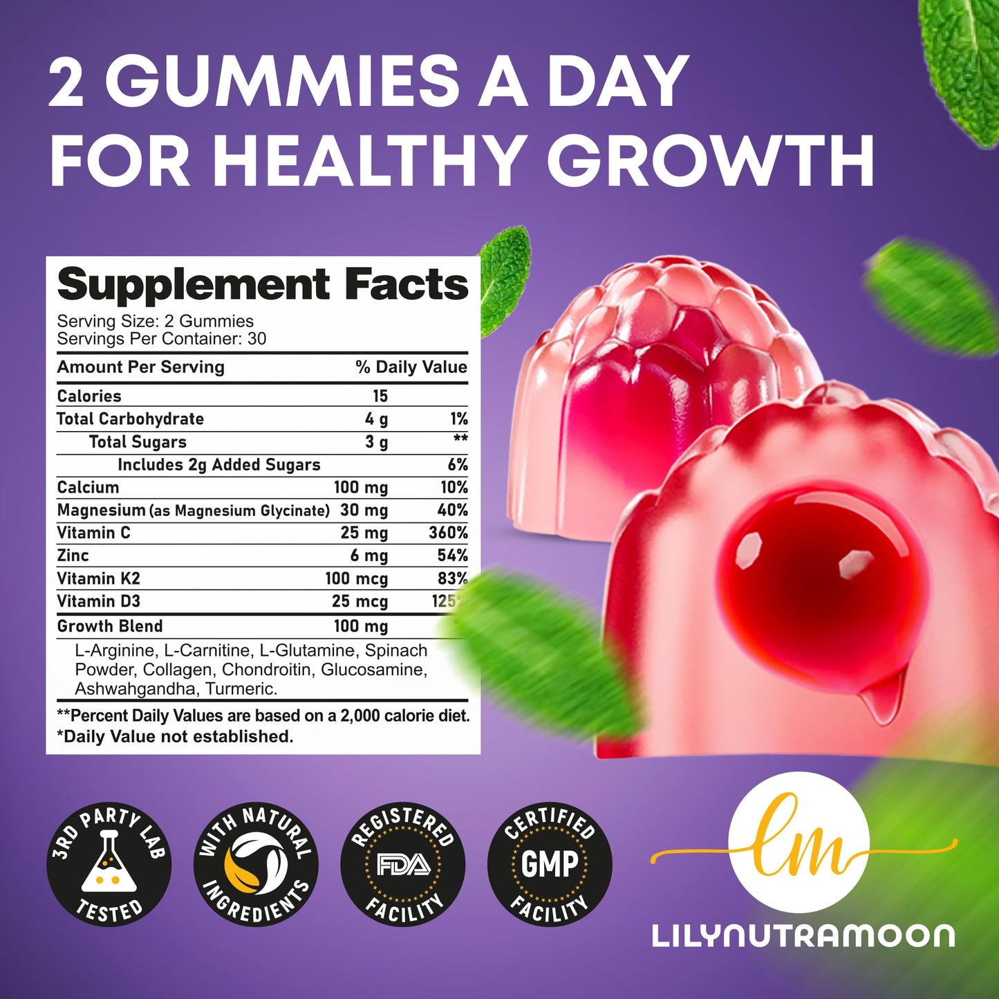 Height Growth Gummies for Kids & Teens - Calcium, Vitamin D3 + K2, Zinc, Magnesium, L-Arginine, Vitamin C - Multivitamin for Teen Boys & Girls - Grow Taller Supplement for Kids Height - 60 Gummies