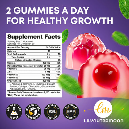 Height Growth Gummies for Kids & Teens - Calcium, Vitamin D3 + K2, Zinc, Magnesium, L-Arginine, Vitamin C - Multivitamin for Teen Boys & Girls - Grow Taller Supplement for Kids Height - 60 Gummies
