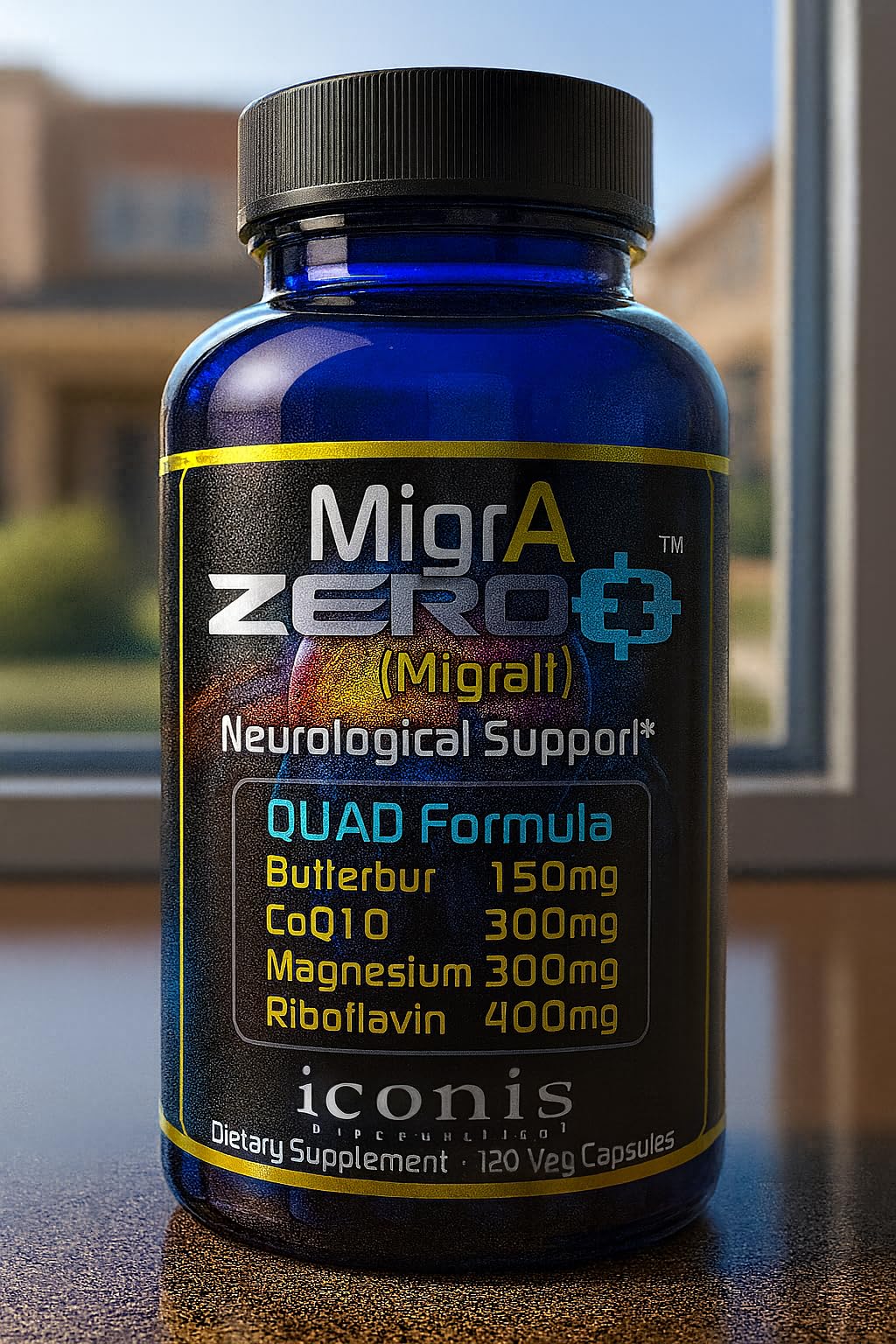 Migraine Relief, Quad-Formula with PA-Free Butterbur (150mg), CoQ10 (300mg), Magnesium Glycinate (300mg), High-Dose Riboflavin (400mg) - MigrA Zero (120 Caps) Optimal Dosing for Migraine Sufferers Iconis BioceuticalsBuy Supplements Australia