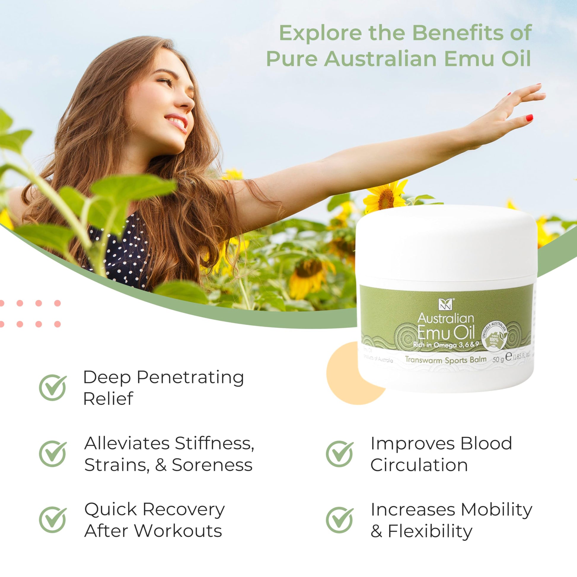 Y Not Natural Transwarm Sports Balm with Pure Emu Oil, Vitamins A, D, E, F & K2, Omega 3 6 9, & Tea Tree Oil Essential Oils - 50g Rub for Joint, Back, Muscle Stiffness & Soothing Itch Relief Y Not NaturalBuy Supplements Australia