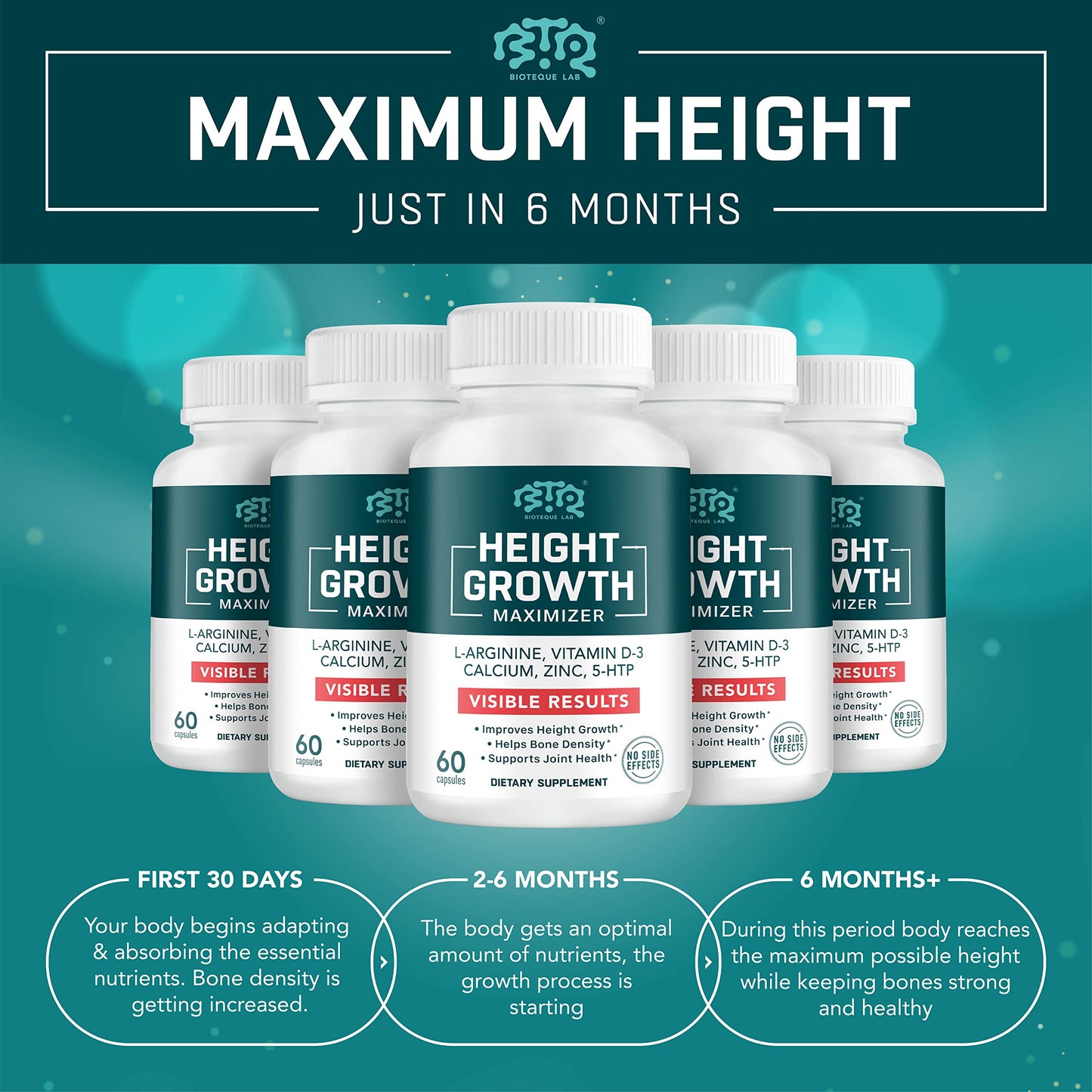 BIOTEQUELAB Height Growth Maximizer, Calcium, Vitamin D3 and Zinc Blend Pills, Bone Growth Supplement for Kids and Teens, Bone Strength, Density Support, GMO-Free, Gluten-Free, Made in USA, 60 Caps BTQ BIOTEQUE LABBuy Supplements Australia