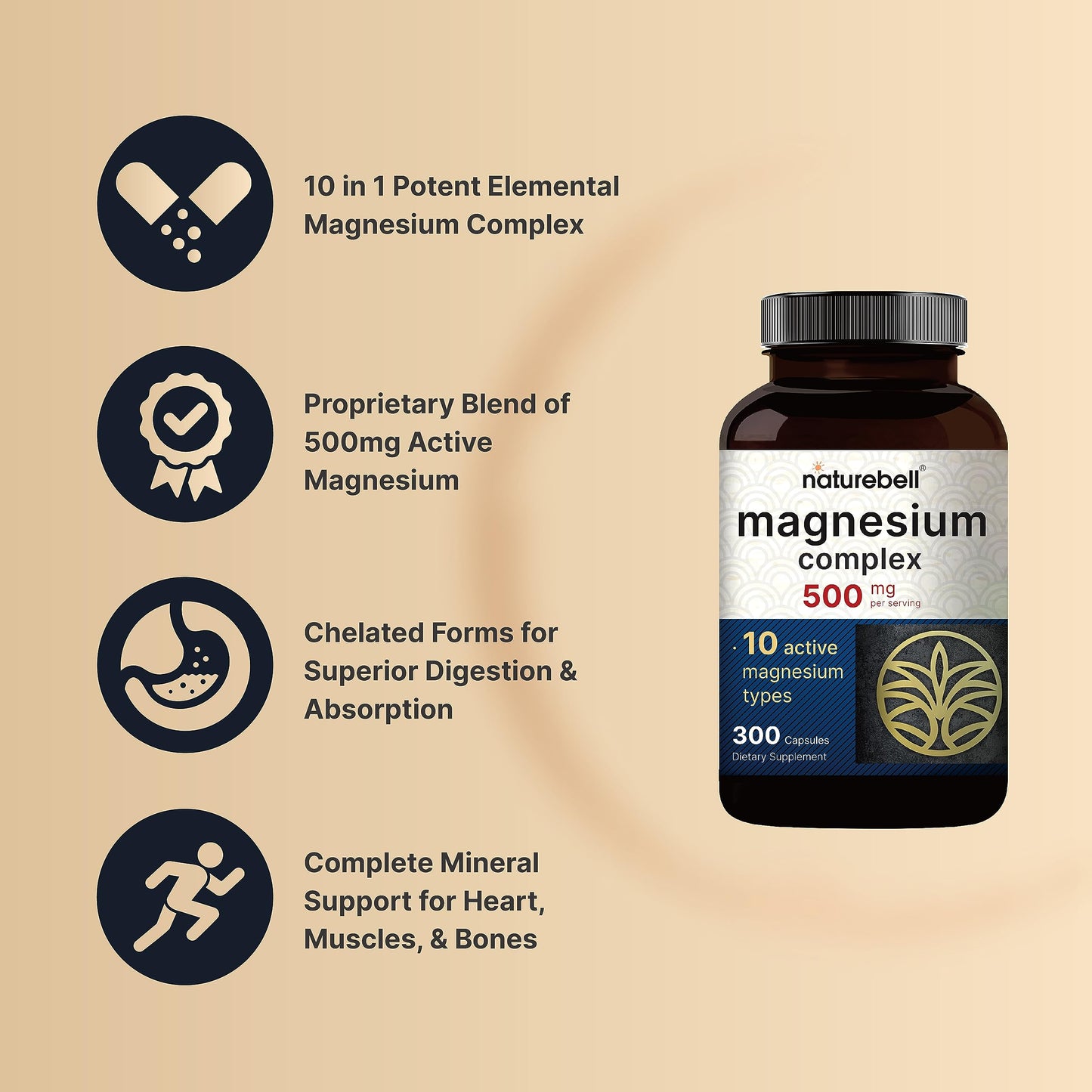 Magnesium Complex 500mg, 300 Capsules | 10-in-1 Magnesium Glycinate, Citrate, Malate & More | Chelated Form for Easy Absorption | Non-GMO NatureBellBuy Supplements Australia