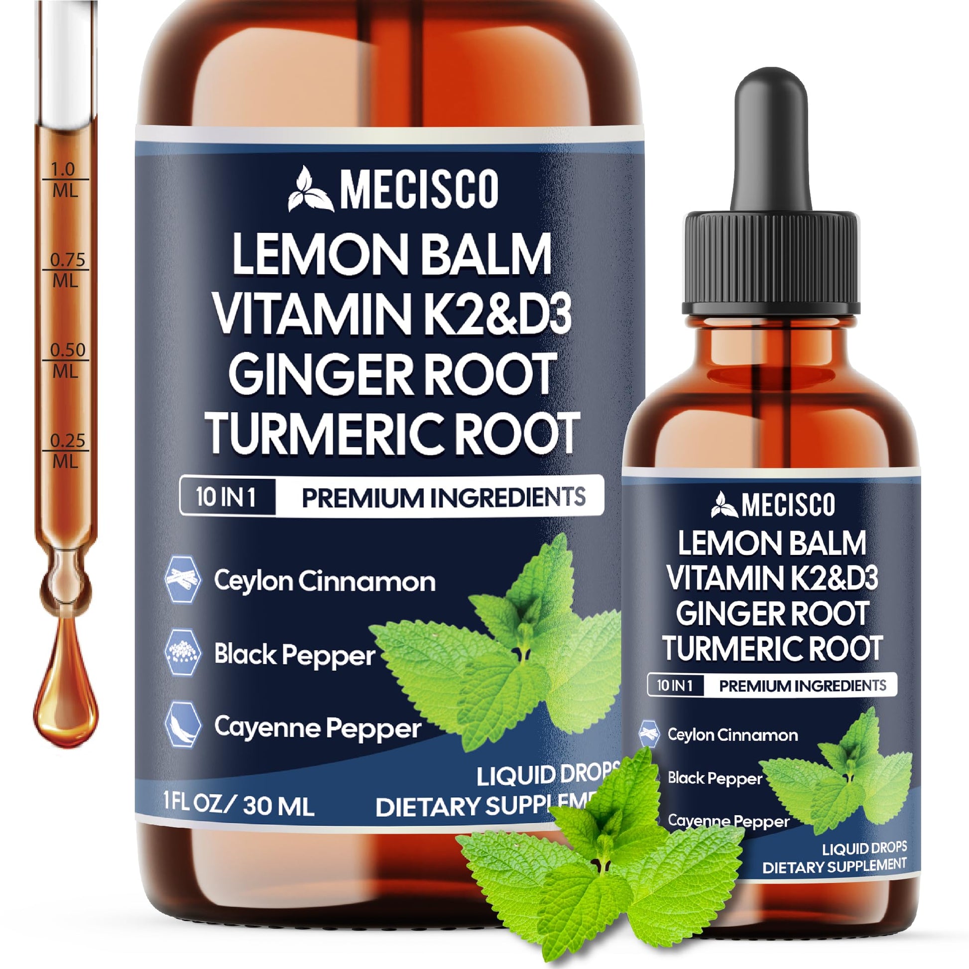 10in1 Lemon Balm Liquid Drops Blend Includes Vitamin D3, Vitamin K2, Lemon Balm, Ginger, Turmeric, Ceylon Cinnamon, Black Pepper, Cayenne Pepper, Berberine, Valerian Root - 1 FL Oz - 2 Month Supply MeciscoBuy Supplements Australia