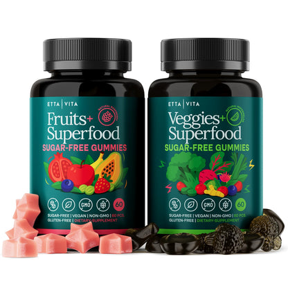 Everyday Debloat & Detox Sugar-Free Fruits and Veggies Gummies - Energy Support with Superfood Fruit and VegetableSupplement (120 Chews) Cruelty-Free, Vegan, Gluten-Free, Fruit and Vegetable Vitamin Etta VitaBuy Supplements Australia