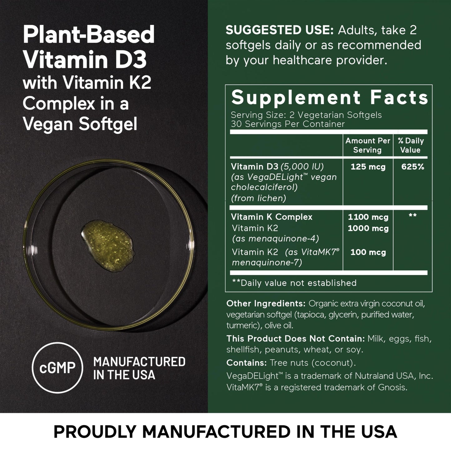 SMARTERNUTRITION Vegan Vitamin D3 5000 IU + Natural Vitamin K2 1100 mcg in Organic Coconut & Olive Oil - D3 K2 Supplement for Immune & Bone Support