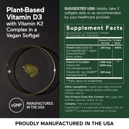 SMARTERNUTRITION Vegan Vitamin D3 5000 IU + Natural Vitamin K2 1100 mcg in Organic Coconut & Olive Oil - D3 K2 Supplement for Immune & Bone Support