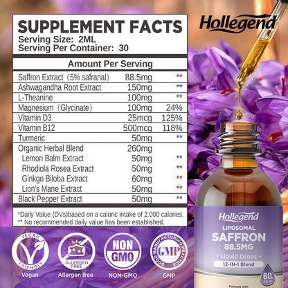 HOLLEGEND Liposomal Saffron Drops for Kids & Adults, Organic Saffron Supplement w/Magnesium, L-Theanine and Vitamins for Stress, Focus, Vision and Energy Support, Vegan, Natural Lemon Flavor, 2 FL OZ HOLLEGENDBuy Supplements Australia