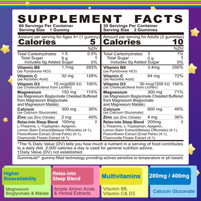 Neviss Magnesium Glycinate + Calcium Filled Gummies for Adults and Kids 4+, Kids Sleep Gummies Melatonin Free, Sugar Free Magnesium Supplement with B6 D3,