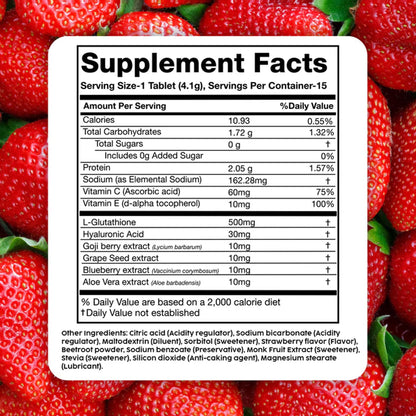 PLIX Glowy Skin 500mg Glutathione Supplement with Hyaluronic Acid, Vitamin C, E & Berries | 30 Effervescent Tablets, Strawberry Flavor PLIX - THE PLANT FIXBuy Supplements Australia