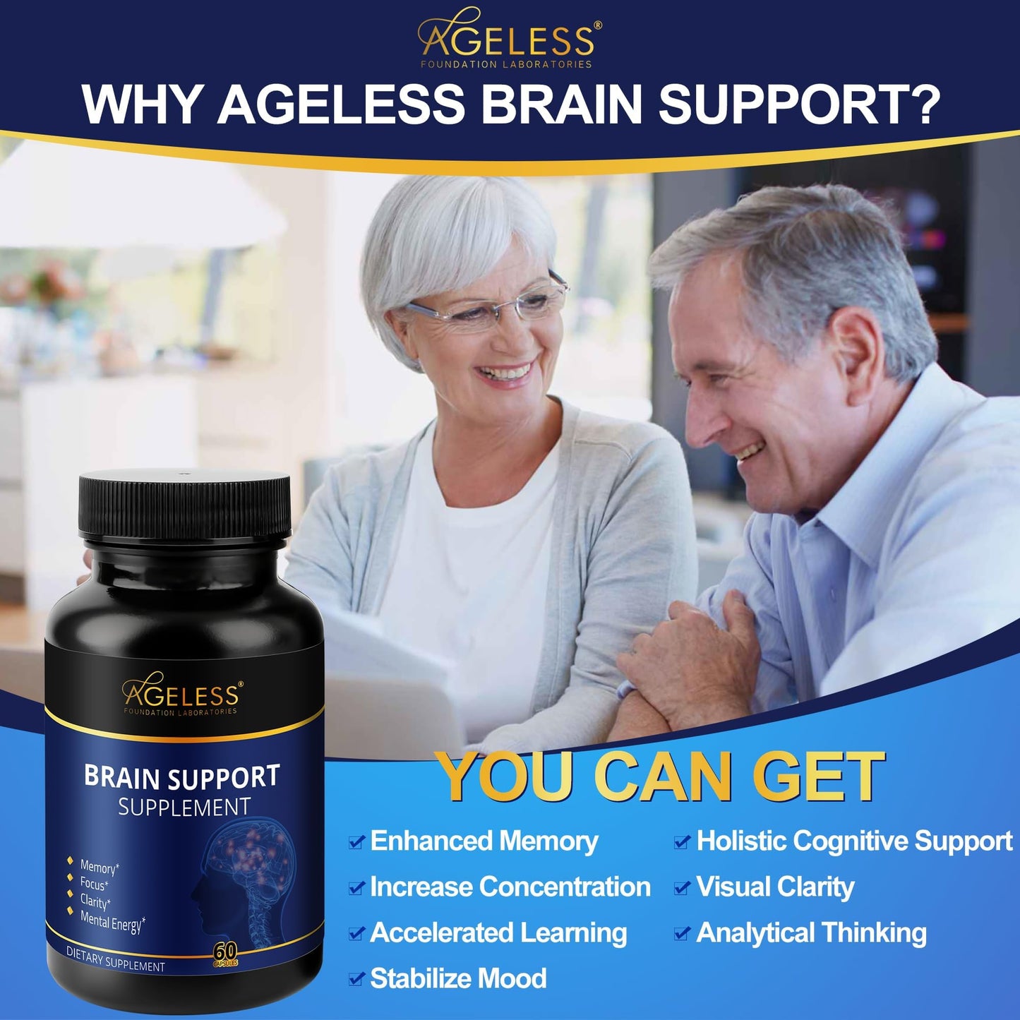 Ageless Brain Supplements for Memory and Focus 1000 MG | Cognitive Improvement | Formulated with Clinically Studied Ingredients | Support Mental Clarity & Neuro Health | Vitamin B6, B12, 60 Capsules Ageless Foundation LaboratoriesBuy Supplements Australia