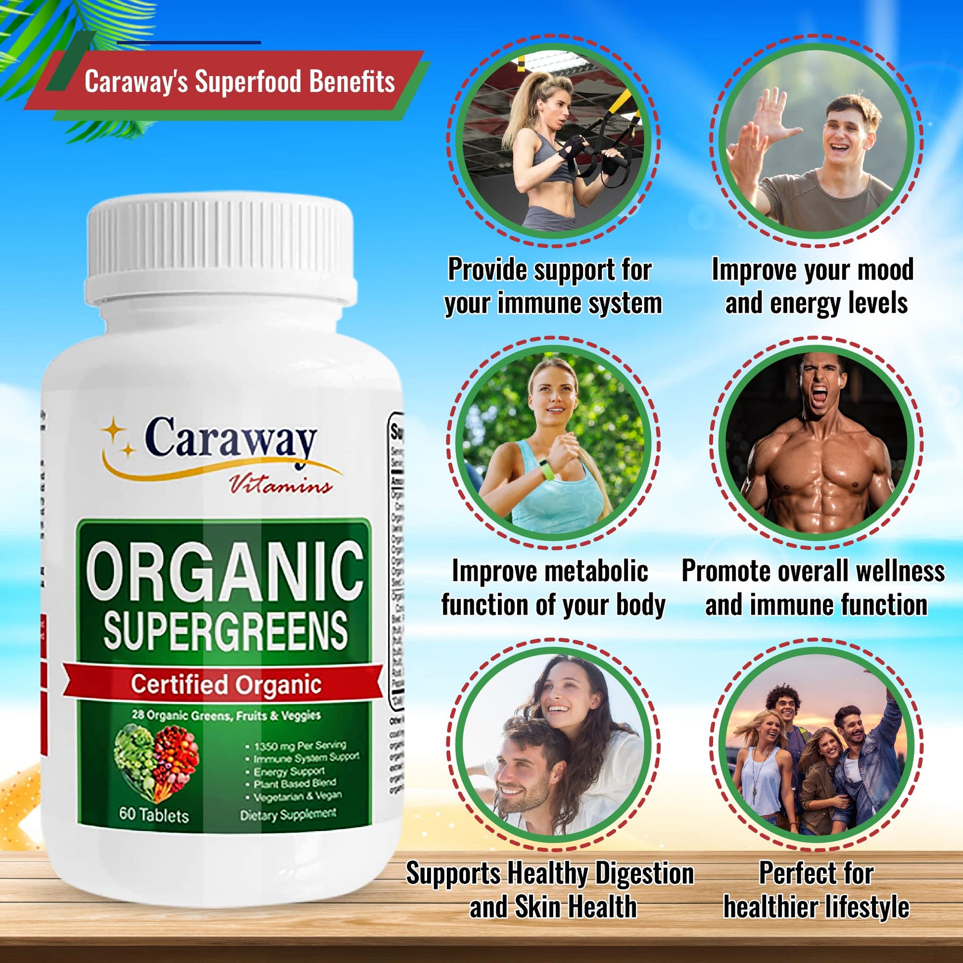 Organic Superfoods Vitamins Super Greens Complex by Caraway Vitamins 1,350 mg per Serving 28 Fruits Vegetables Greens 60 Count Tablets Non-GMO Natural for Men & Women Caraway VitaminsBuy Supplements Australia