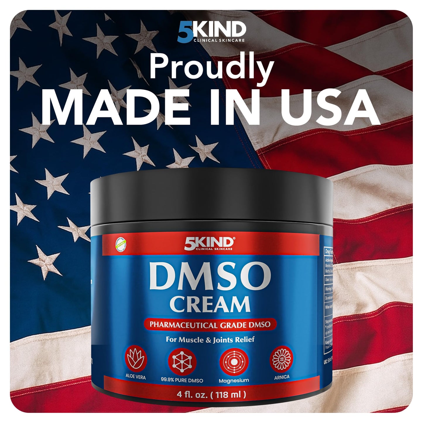 5Kind DMSO Cream for Pain Relief 4 fl oz - 99.9% Pure DMSO Pharmaceutical Grade Cream - Aloe Vera, Magnesium, Arnica & Menthol - Topical Muscle and Joint Pain Relief - Registered NDC - Made in USA 5kind clinical skincareBuy Supplements Australia