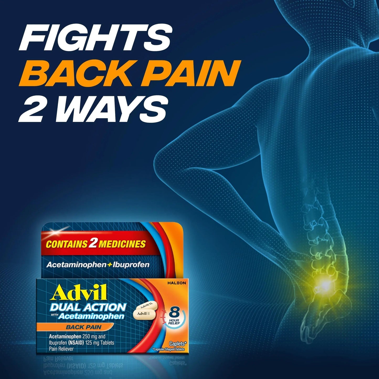 Advil Dual Action Back Pain Caplets Delivers 125mg Ibuprofen and 250mg Acetaminophen Per Dose for 8 Hours of Back Pain Relief - 144 Count AdvilBuy Supplements Australia