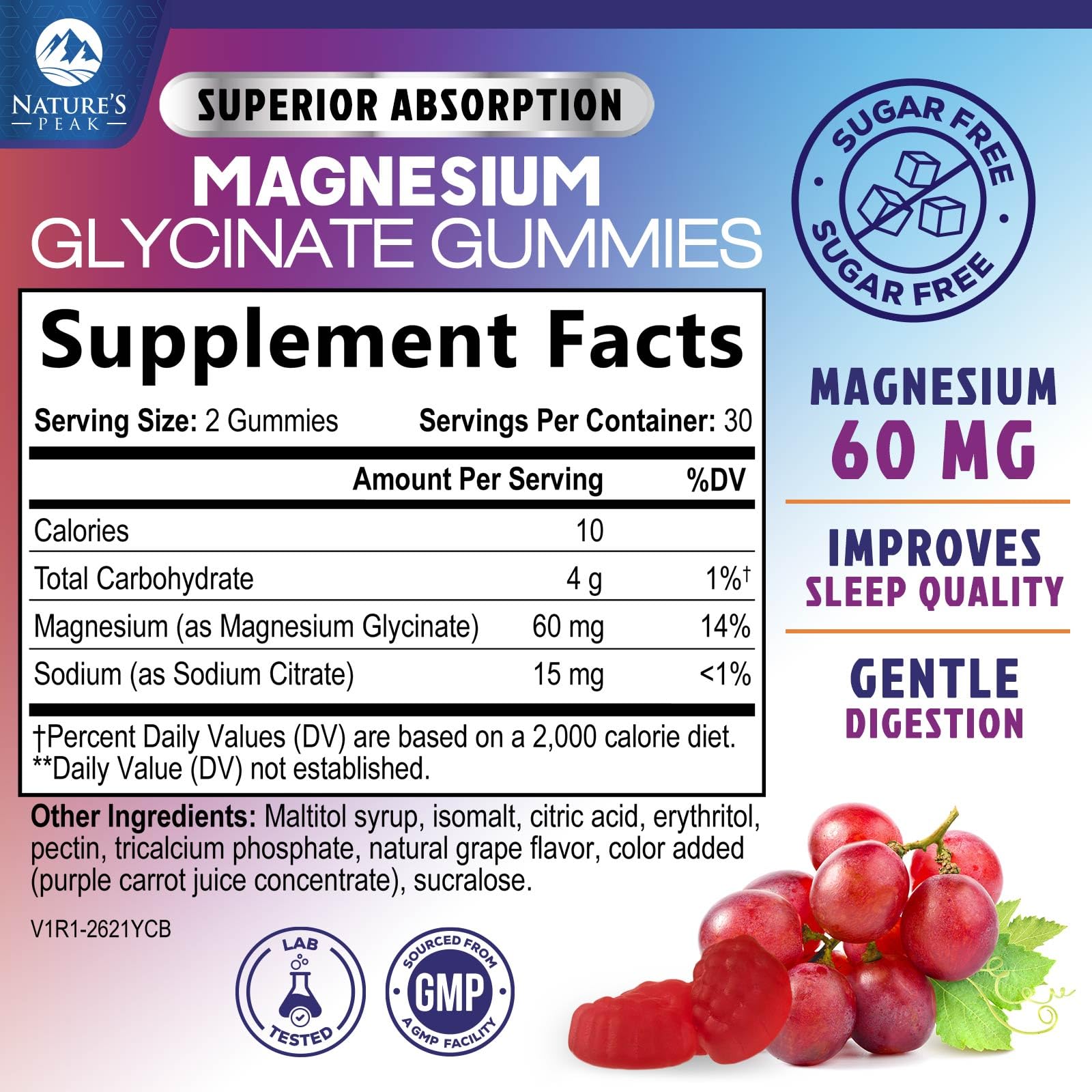 Magnesium Glycinate Gummies - Sugar Free - 100% Chelated Magnesium Gummy Supplement for Max Absorption - for Sleep Support & Heart, Muscle & Bone Health - Gentle on Stomach, Grape Flavor - 60 Gummies Nature's PeakBuy Supplements Australia