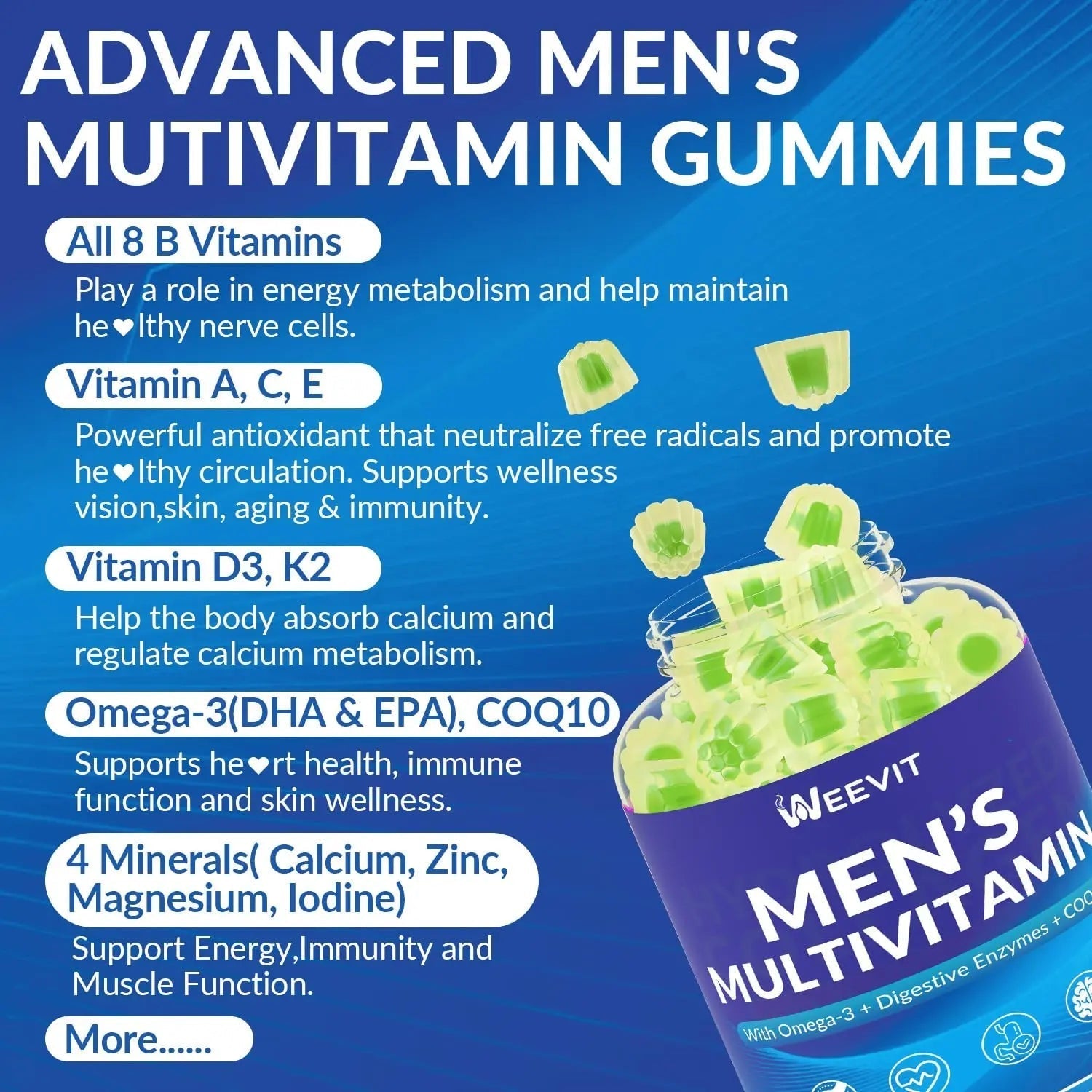 WEEVIT Mens Multivitamins Gummies, Omega 3, CoQ10, Turmeric, Lycopene, Digestive Enzymes, Daily Mens Vitamins A C D E B6 B12 WEEVIT