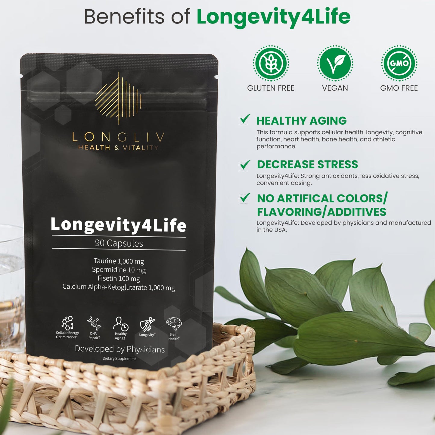 Longevity4Life - Ultimate Cellular Health Supplement - Fisetin, Taurine, Calcium Alpha-Ketoglutarate, and Spermidine Capsules for Longevity and Vitality - Made in USA - Physician Formulated LongLiv Health and VitalityBuy Supplements Australia