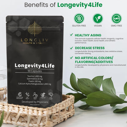 Longevity4Life - Ultimate Cellular Health Supplement - Fisetin, Taurine, Calcium Alpha-Ketoglutarate, and Spermidine Capsules for Longevity and Vitality - Made in USA - Physician Formulated LongLiv Health and VitalityBuy Supplements Australia