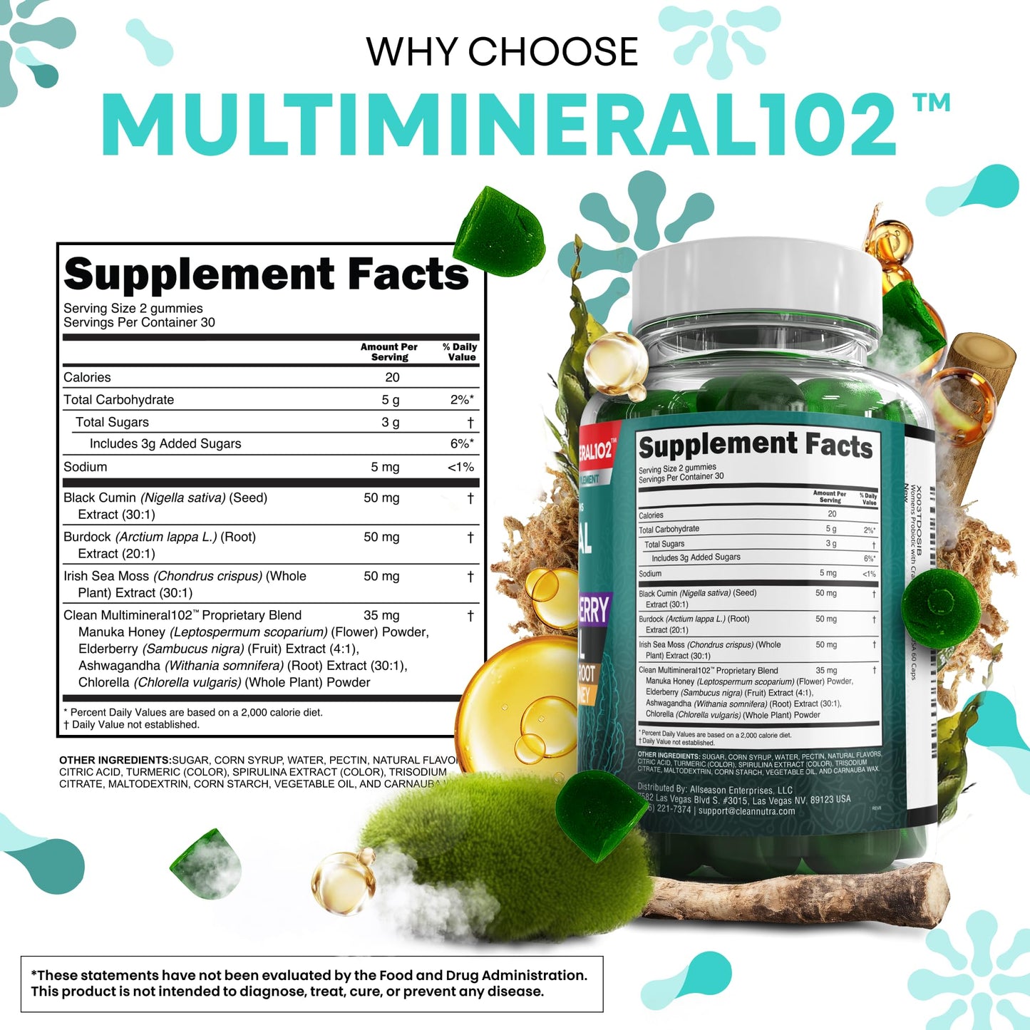 Sea Moss Gummies | Clinically Tested - Black Seed Oil Ashwagandha Elderberry Burdock Root Chlorella Manuka Honey - Vegan Irish Sea Moss Gummy Vitamins