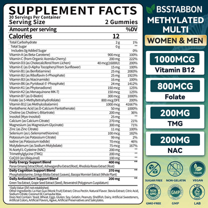 BSSTABBON Methylated Multivitamin for Women Men: Organic Iron Free Multivitamins Gummies plus 5-MTHF Active B12 P5P CoQ10 NAC TMG - Chewable Sugar Free Gummy for Energy Immune Overall Health(120Count) BSSTABBONBuy Supplements Australia